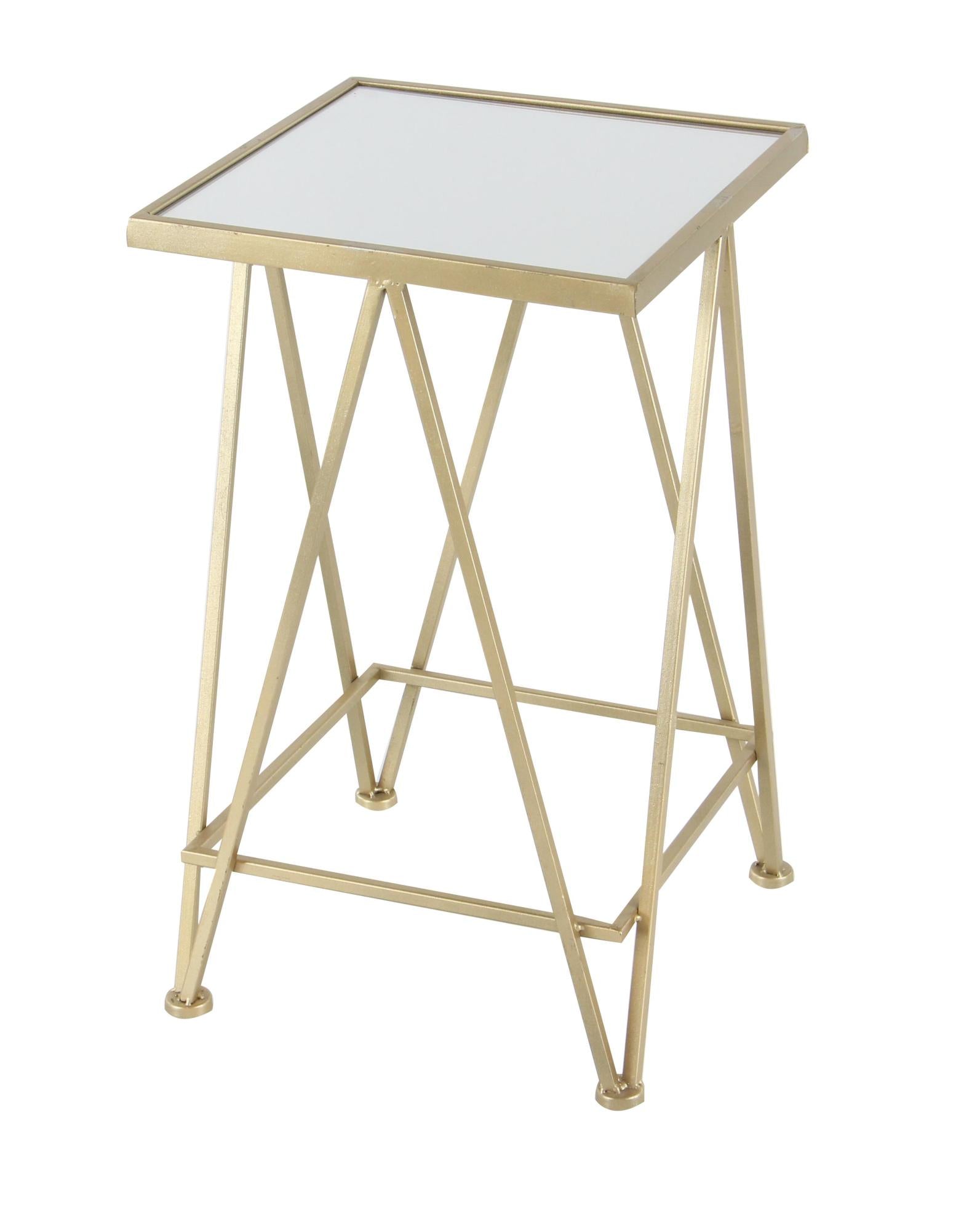 Set of 2 Geometric Gold Metal Square Side End Accent Table with Mirrored Glass Top