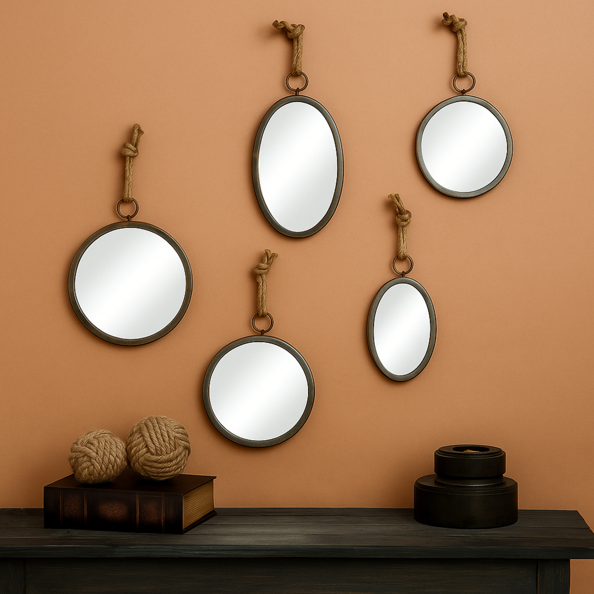 Set of 5 Gray Metal Room Wall Mirror with Hanging Rope