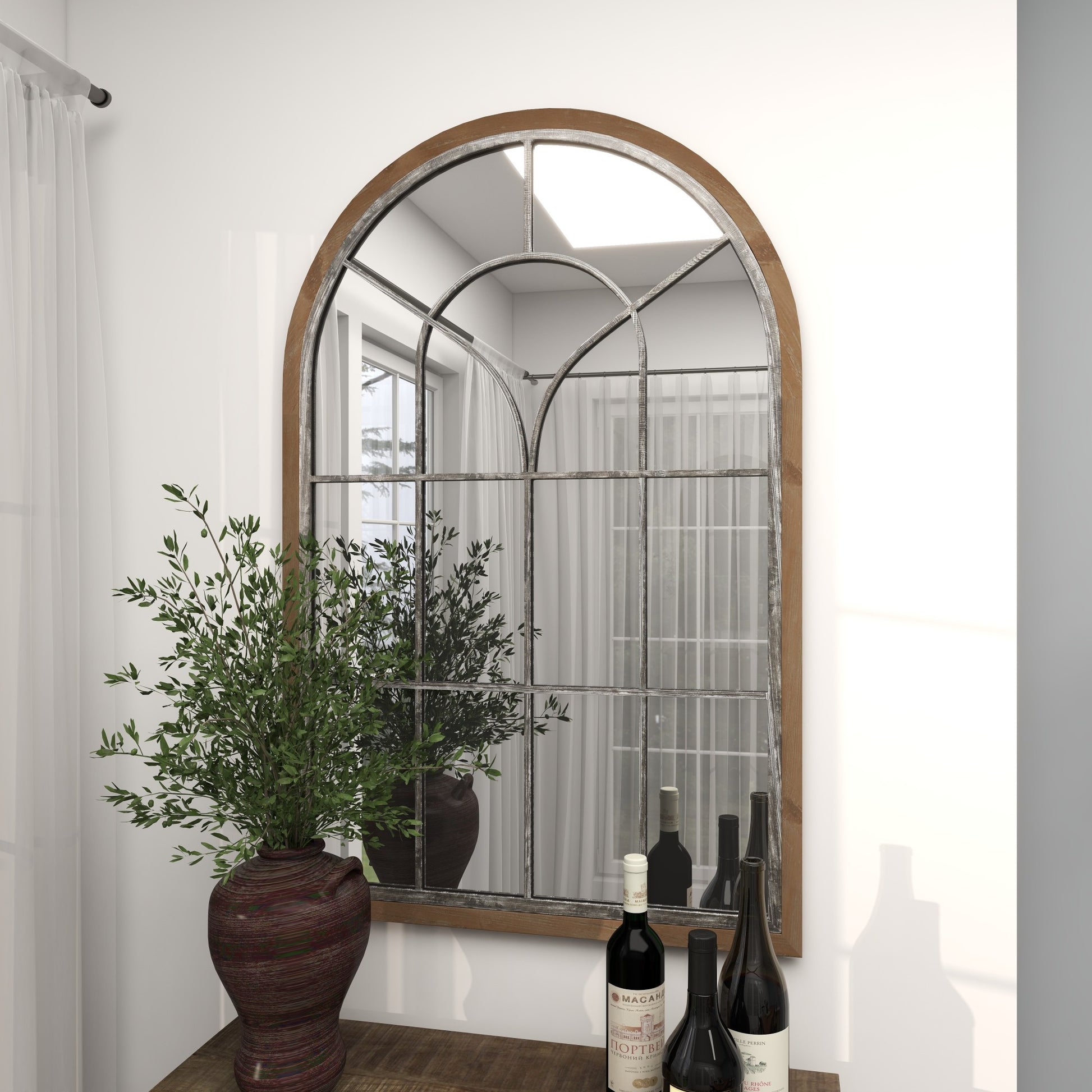 Brown Wooden Window Pane Inspired Room Wall Mirror with Arched Top