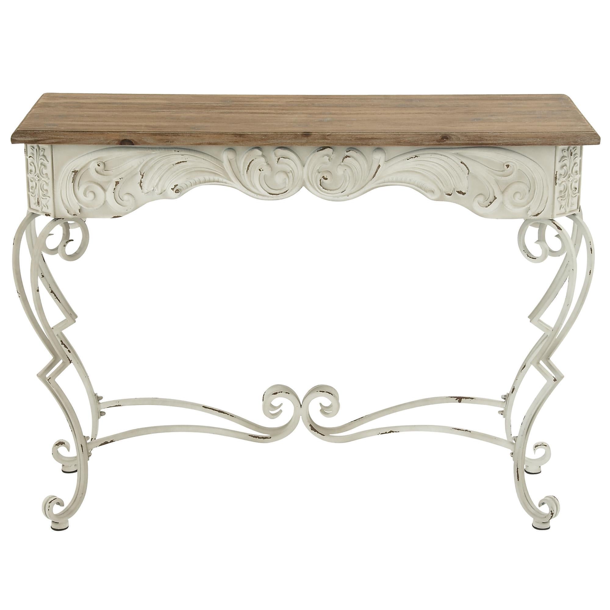 Scroll White Metal Rectangular Living Room Console Table with Brown Wood Top