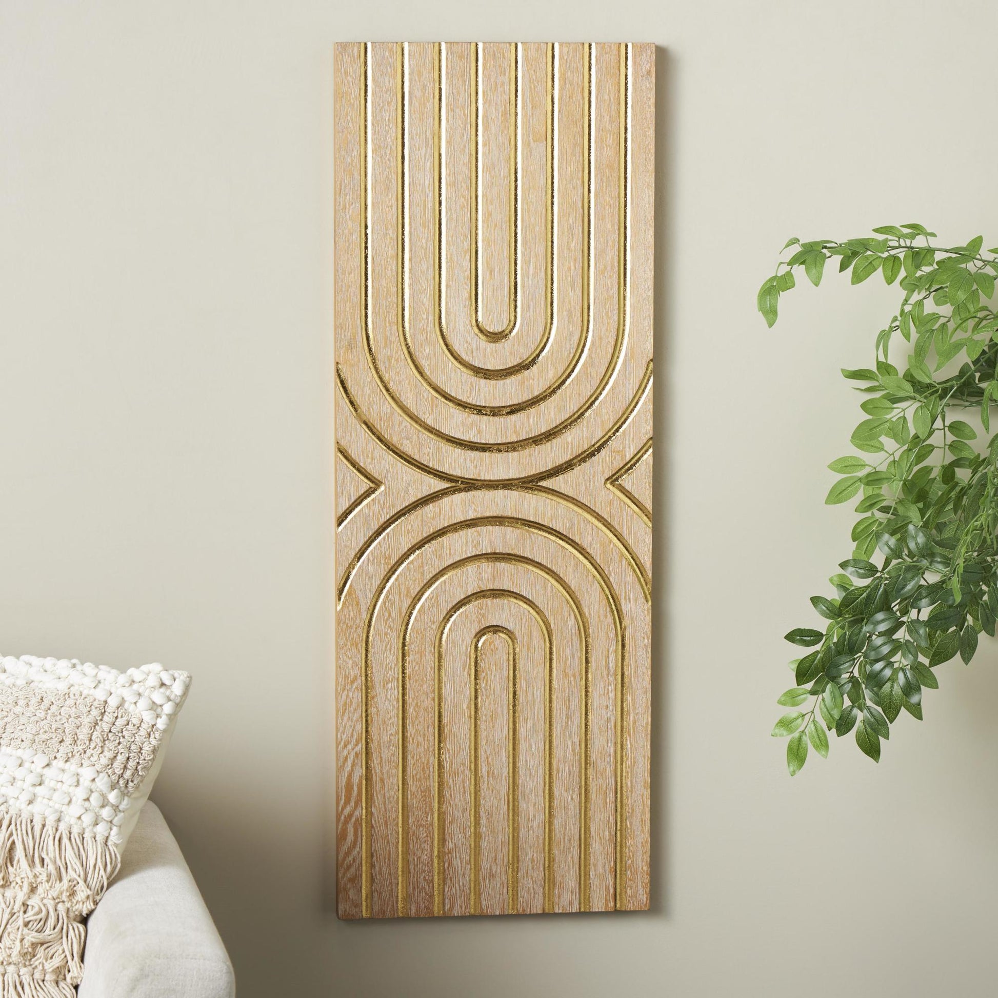 Geometric Light Brown Wood U Shapes Panel Home Wall Decor with Overlapping Gold Arches