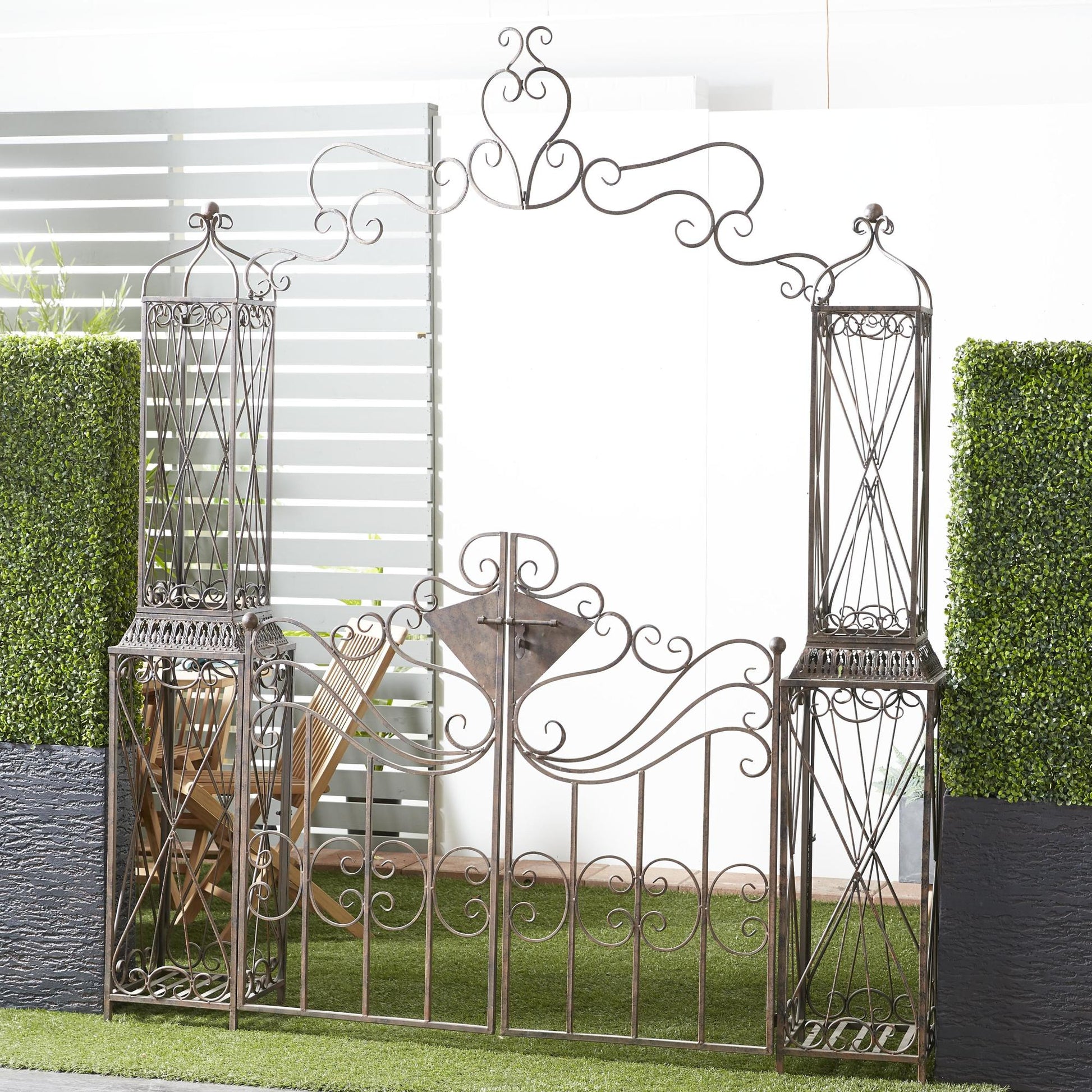 Scroll Bronze Metal Indoor Outdoor Arched Gate Indoor Outdoor Garden Arbor with Pillars and Latch Lock Closure