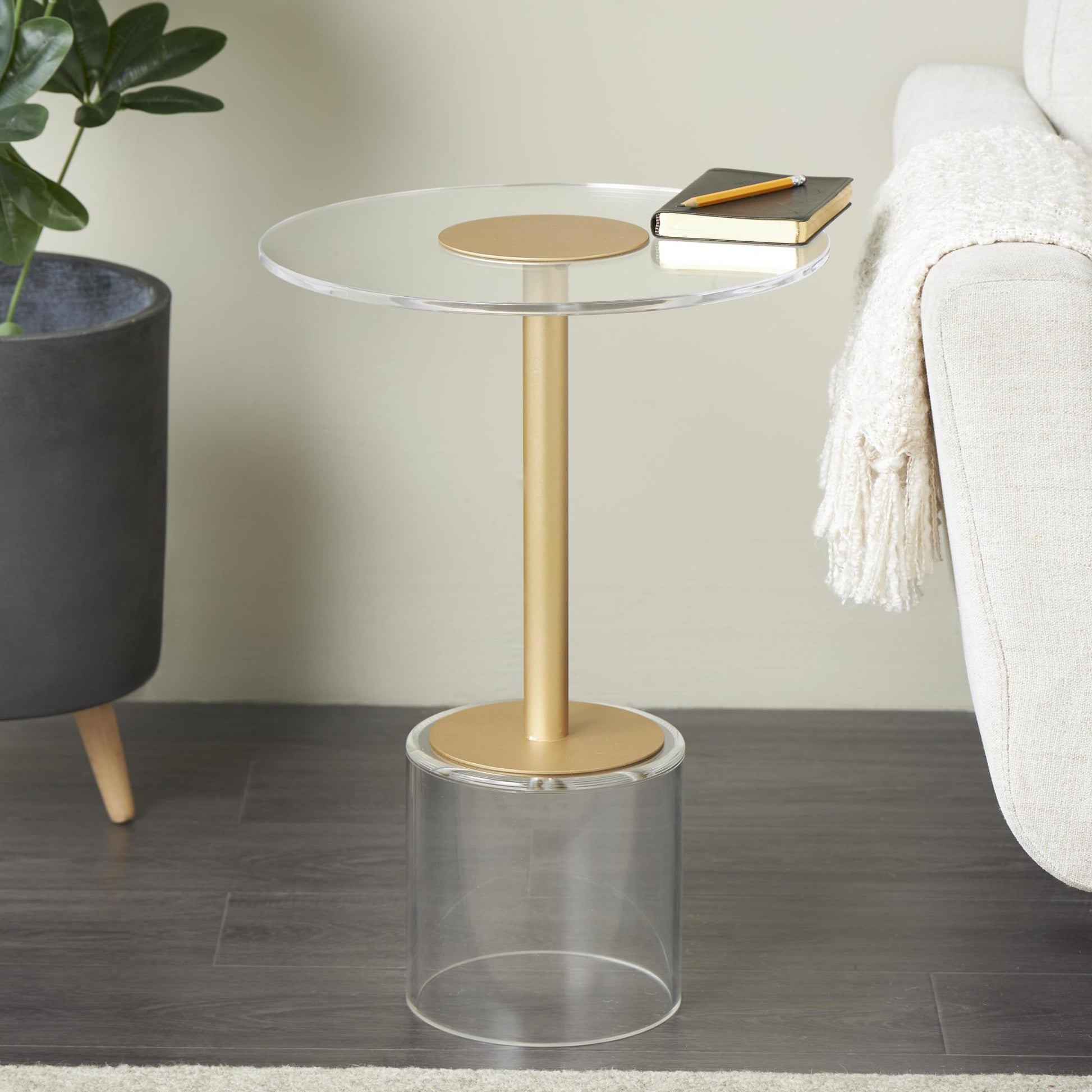 Clear Acrylic Plastic Side End Accent Table with Elevated Base and Gold Stand