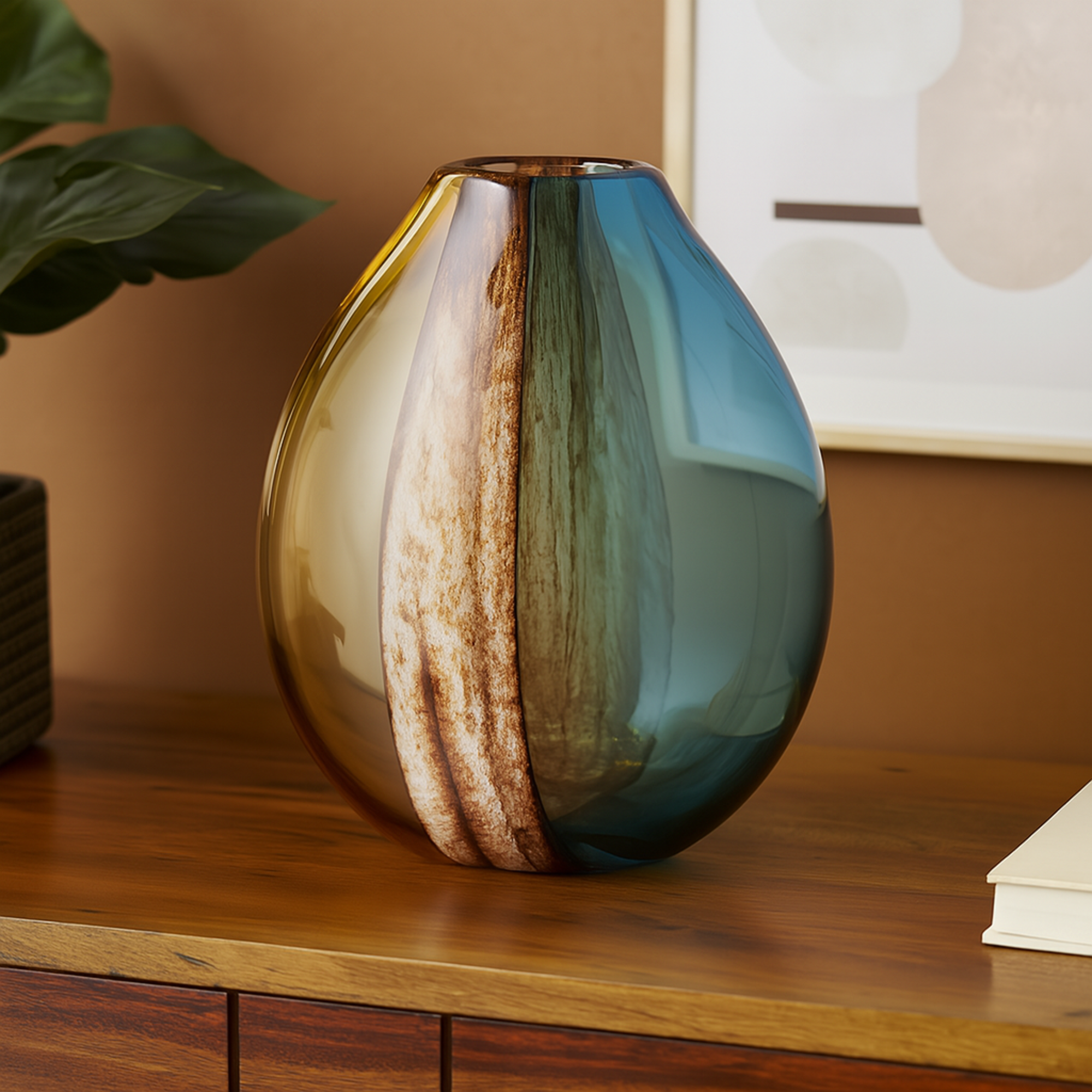 Multi Colored Glass Rounded Ombre Decorative Vase with Brown Textured Stripe Details