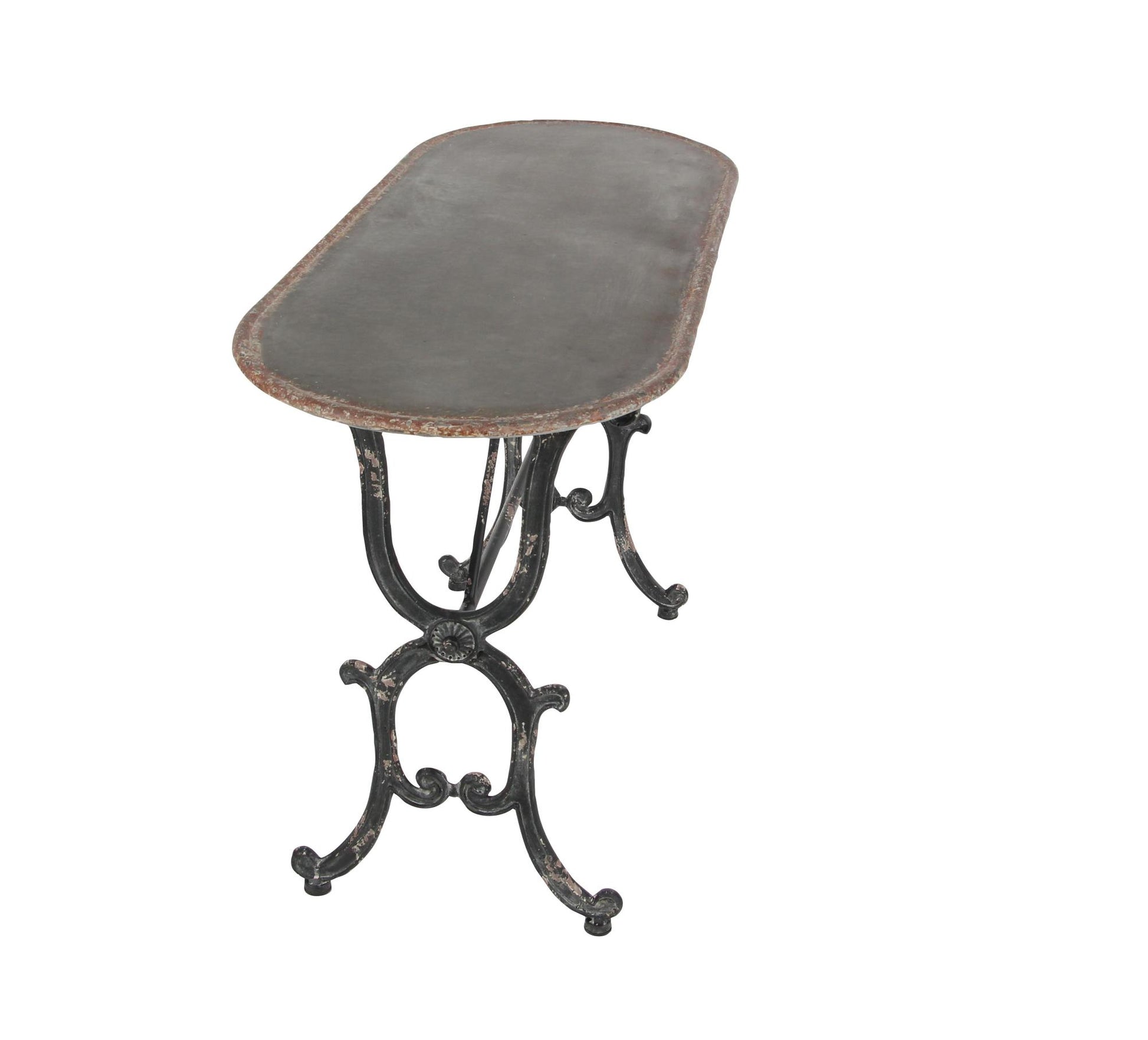 Scroll Gray Metal Oval Living Room Console Table with Distressed Accents