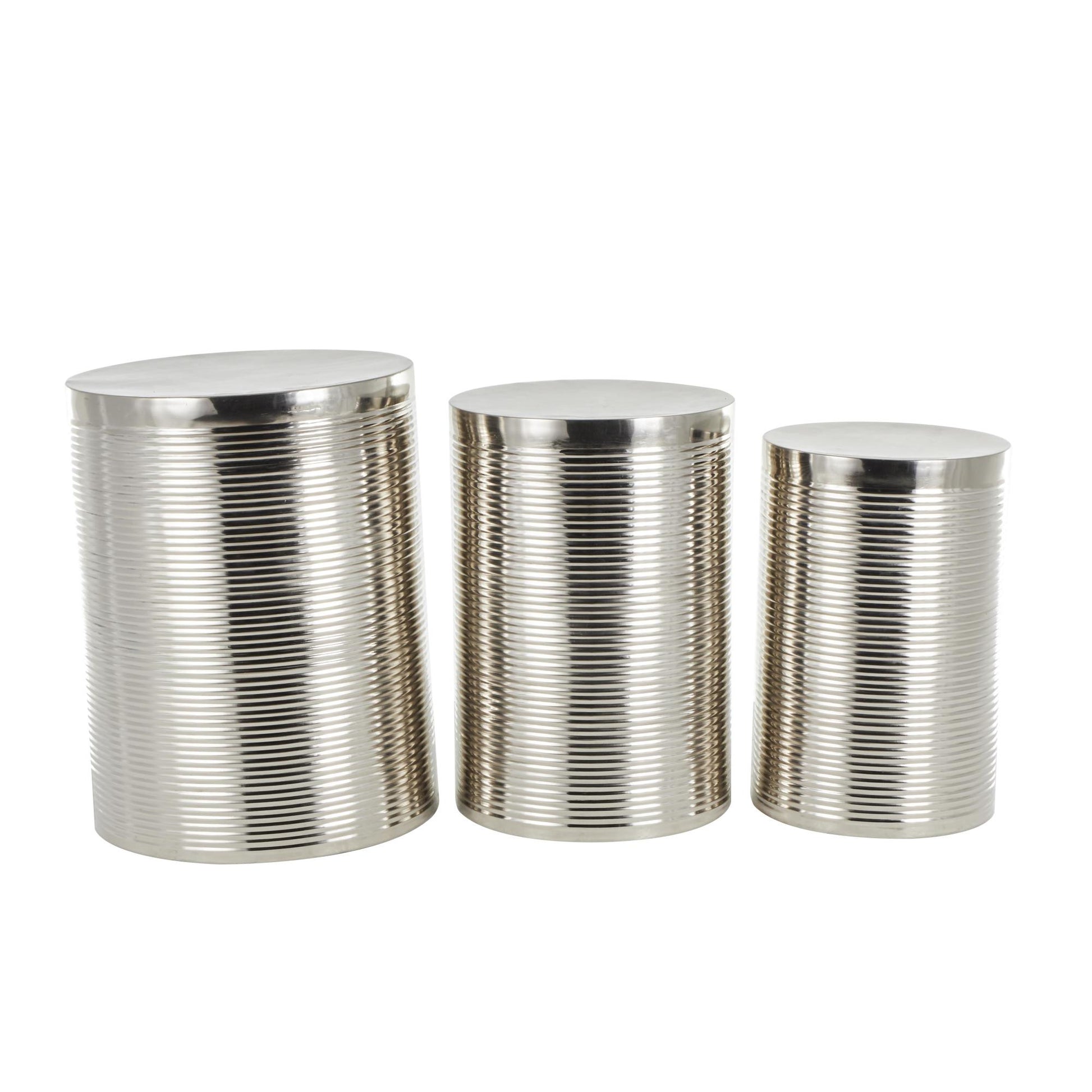 Set of 3 Metal Ribbed Drum Side End Accent Table Set of 3 24", 22", 20"H
