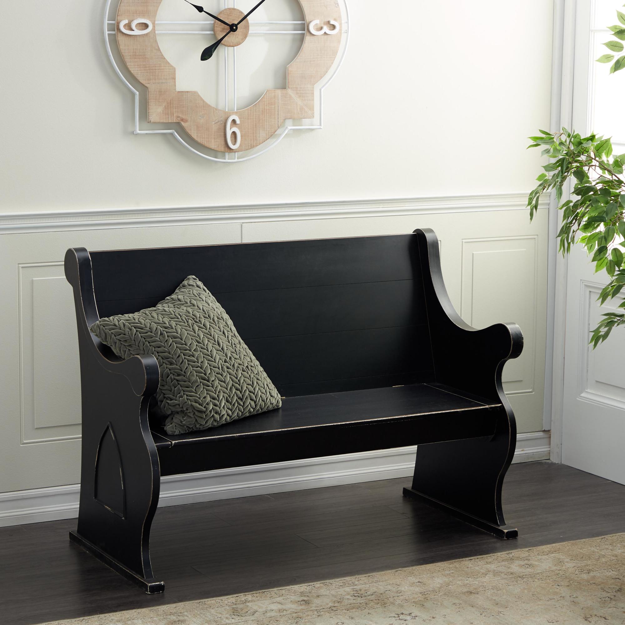 Black Wood Room Storage Bench with Scrolled Armrests