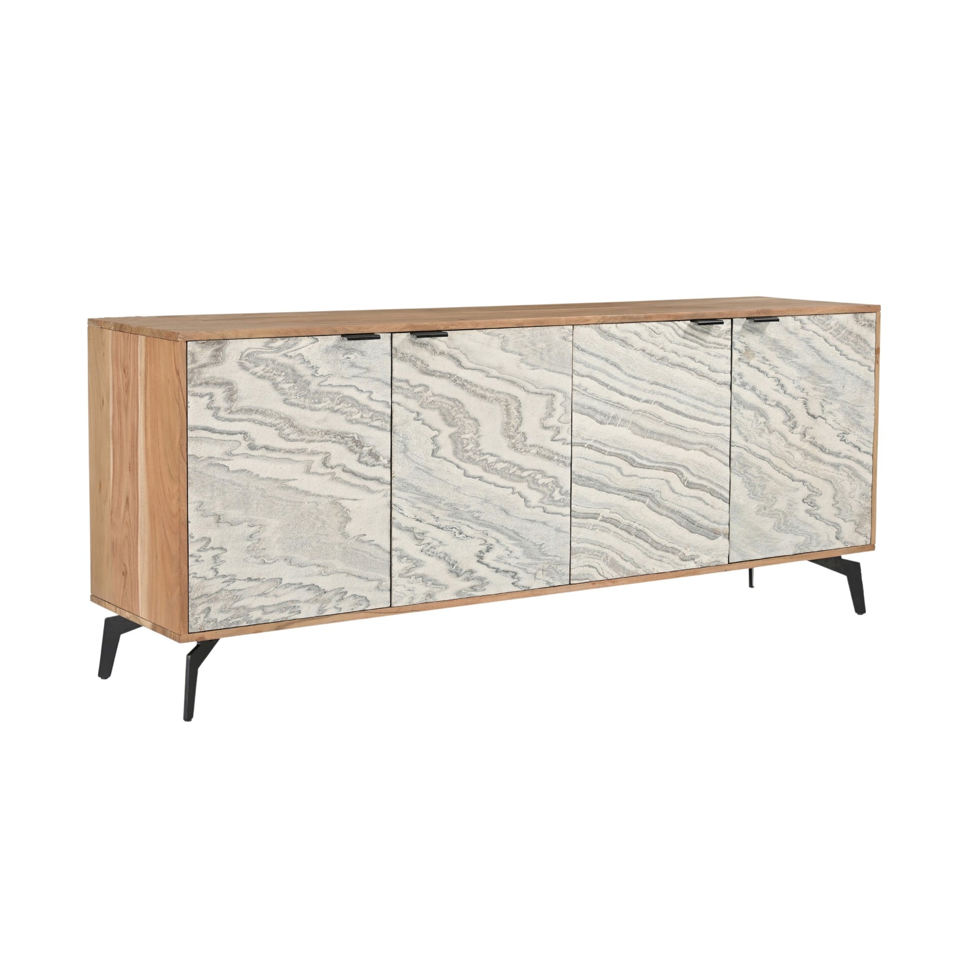 Brown Wood 4 Door Media Credenza Sideboard with White Marble Veneer Doors and Angled Black Legs