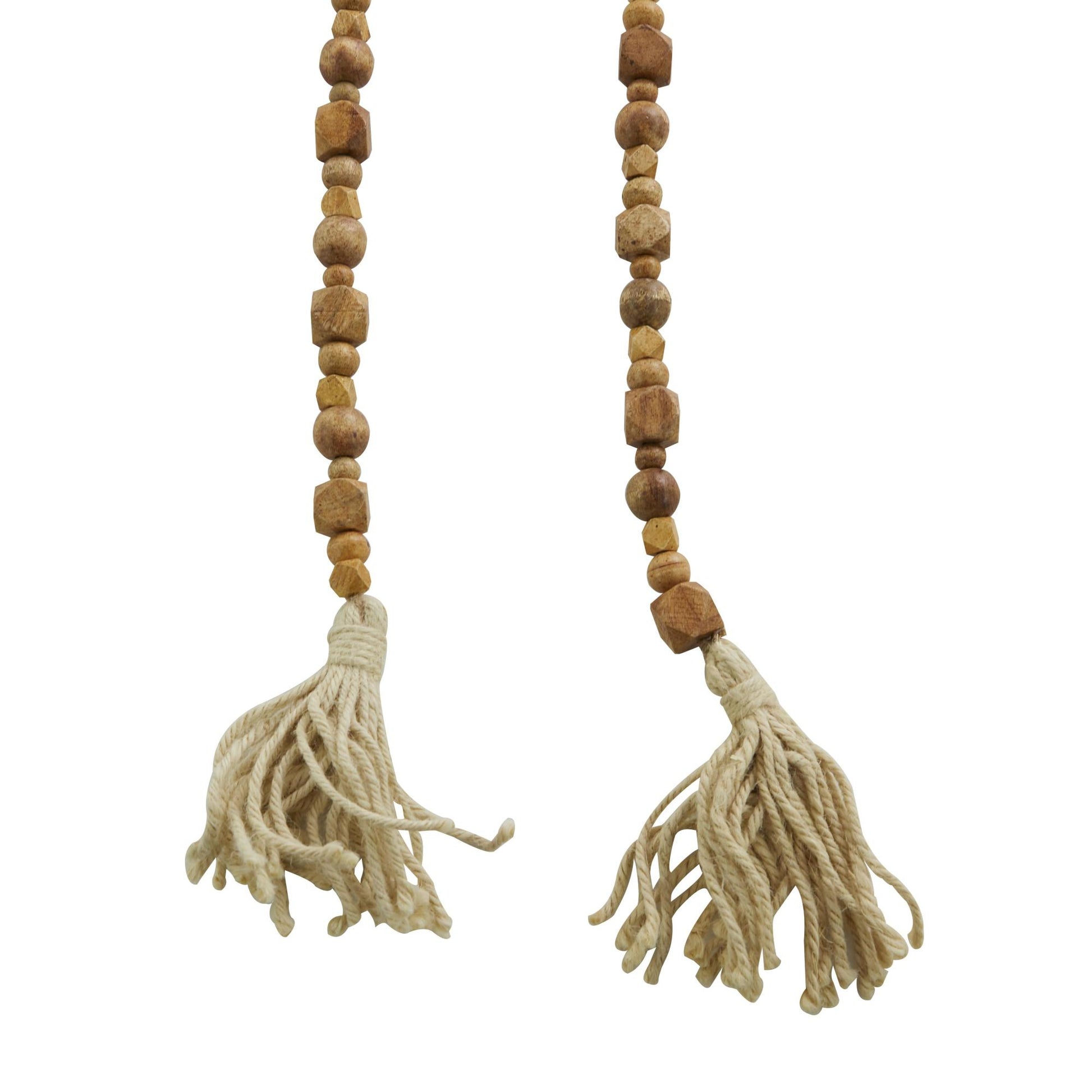 Mango Wood Handmade Hexagon Carved Geometric Long Beaded Garland with Tassel