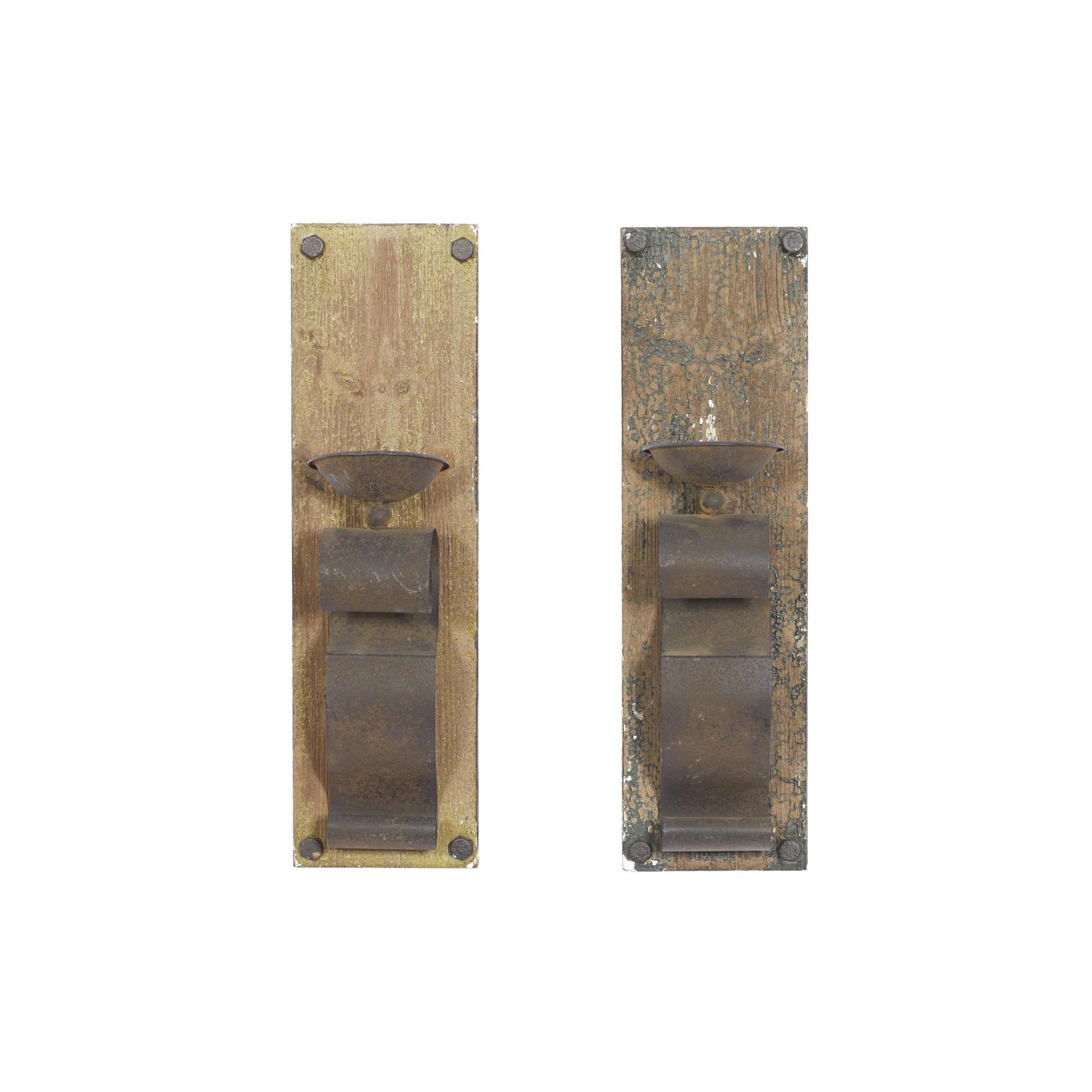 Set of 2 Scroll Brown Wood Distressed Pillar Indoor Outdoor Wall Sconce with Bronze Metal Holders