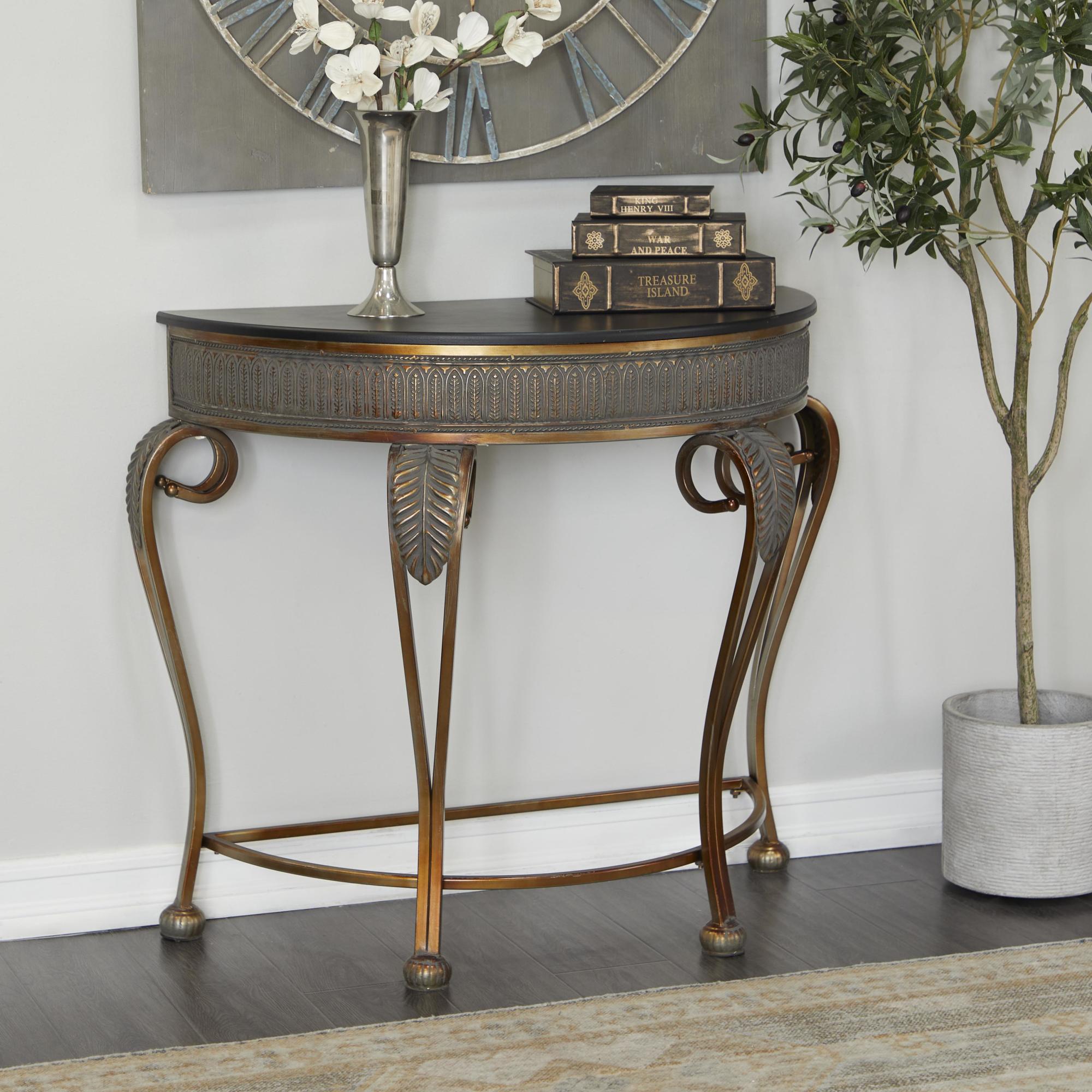 Leaf Gold Metal Embossed Living Room Console Table with Ornate Scroll Legs