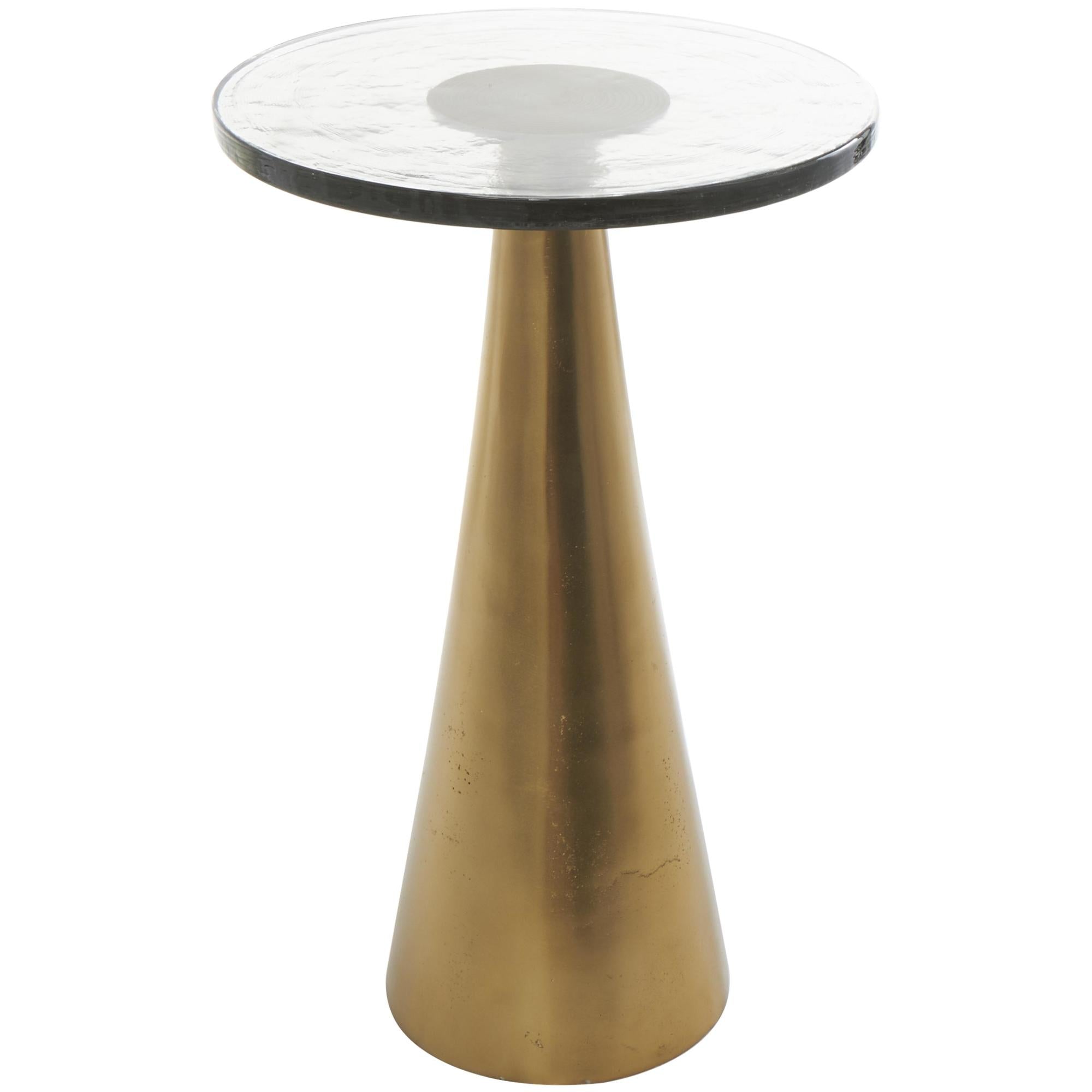 Geometric Aluminum Metal Cone Side End Accent Table with Textured Glass Tabletop