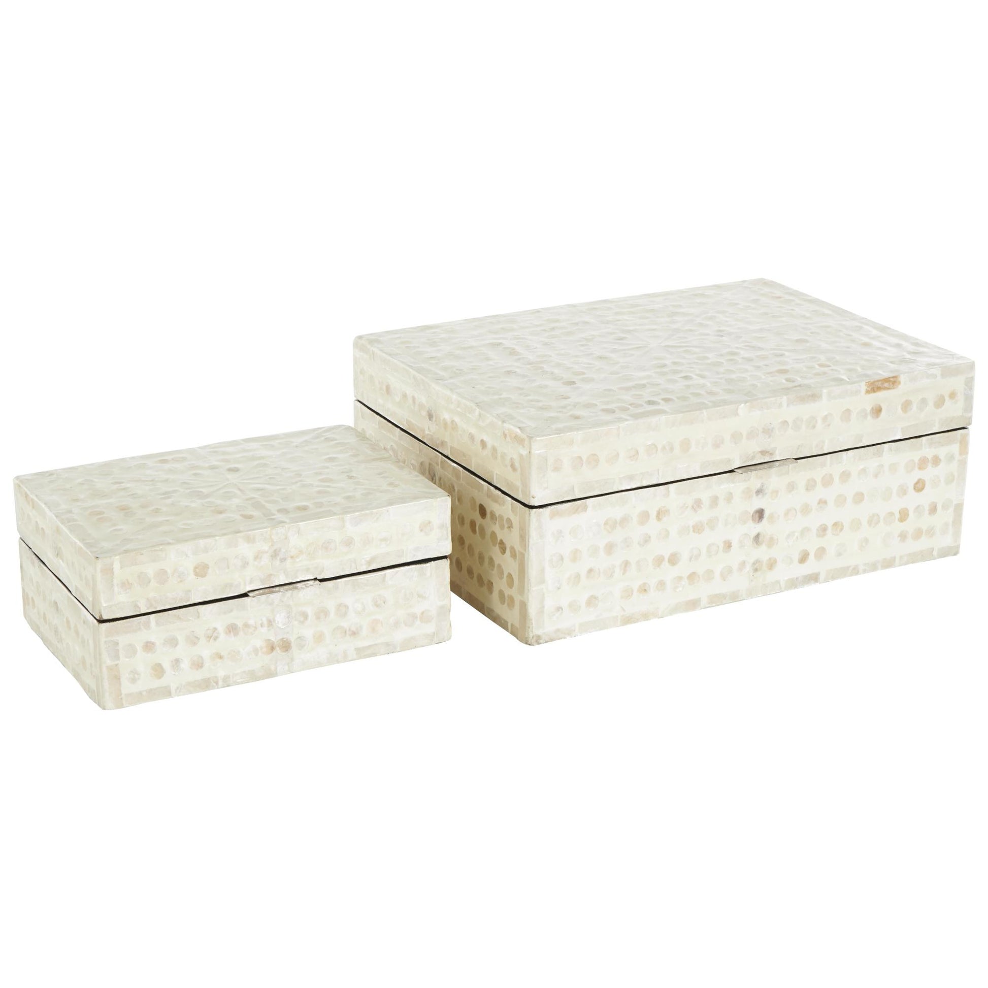 Set of 2 Geometric Cream Mother of Pearl Shell Handmade Mosaic Dot Storage Decorative Box with Brown Accents