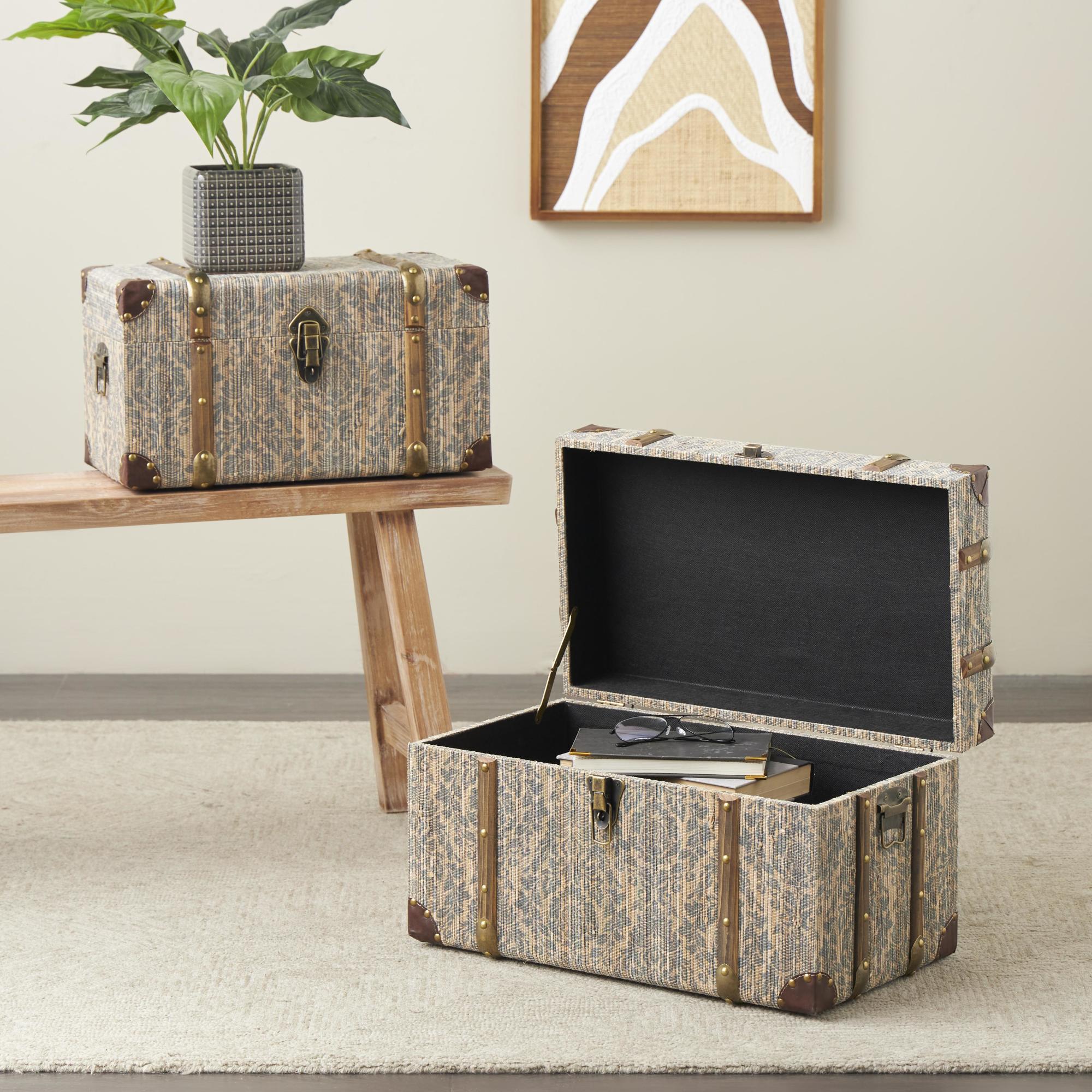 Set of 2 Floral Blue Wooden Vintage Storage Decorative Trunk with Leather and Wood Accents