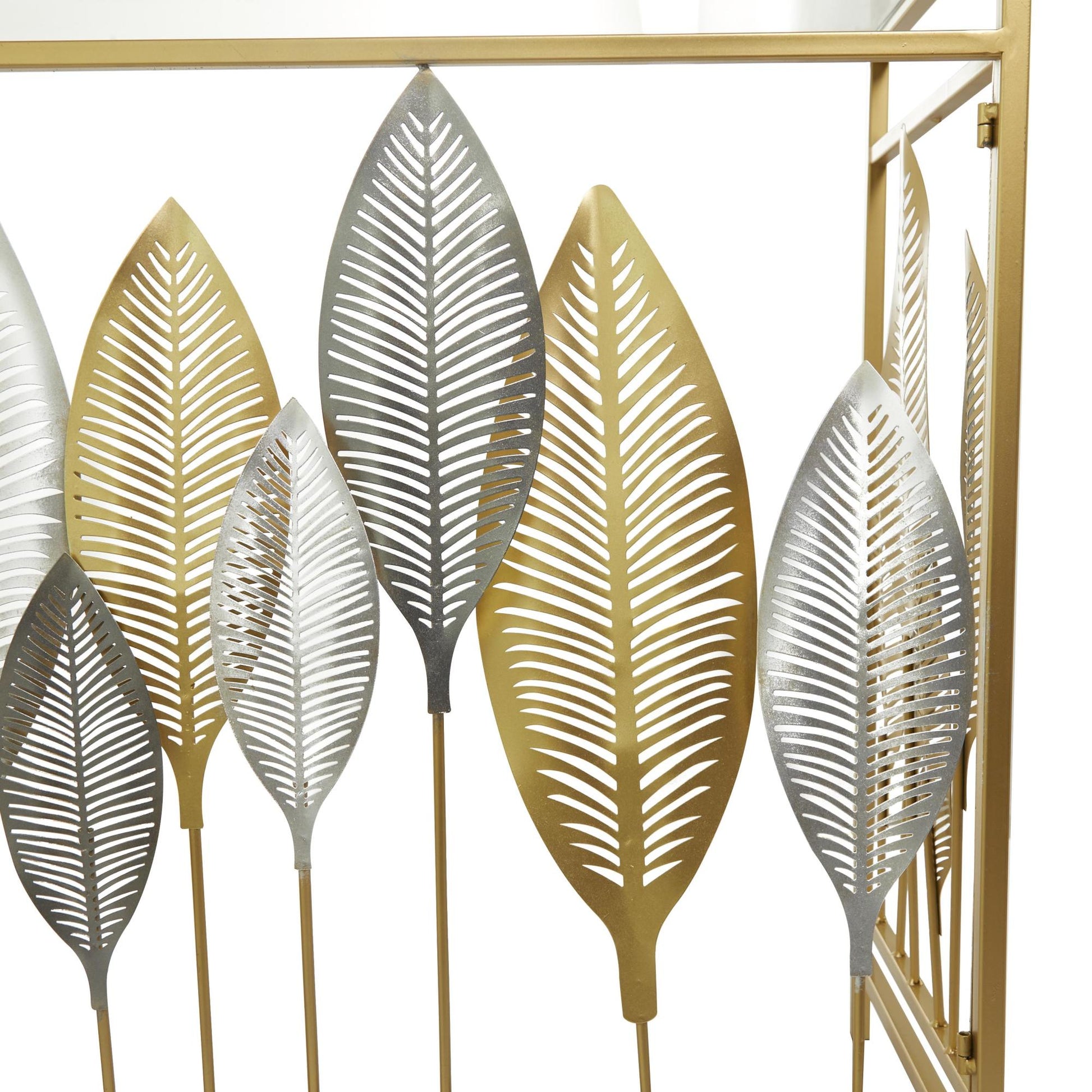 Leaf Metal Rectangular Living Room Console Table with Mirrored Glass Top and Gold Accents