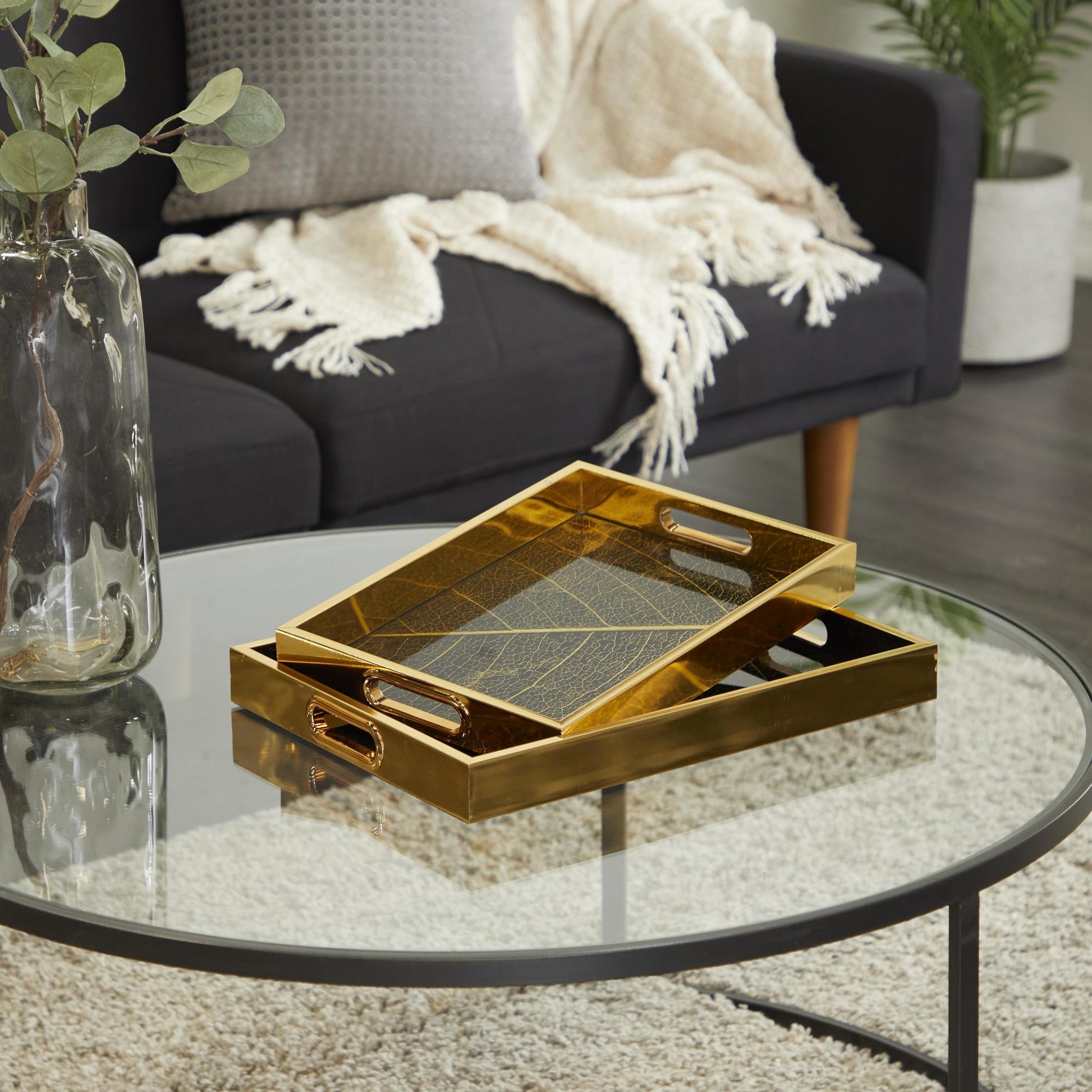 Set of 2 Geometric Plastic Mirrored Living Room Decor Tray