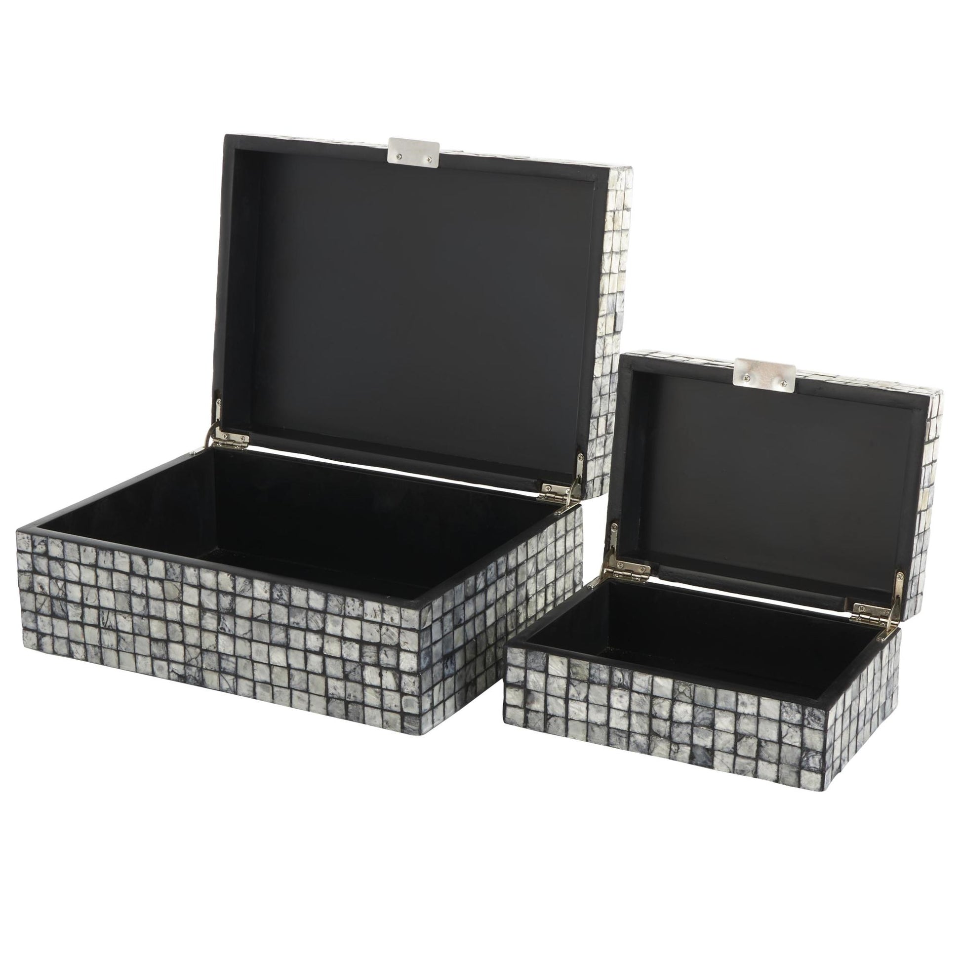 Set of 2 Geometric Gray Mother of Pearl Shell Handmade Square Mosaic Storage Decorative Box