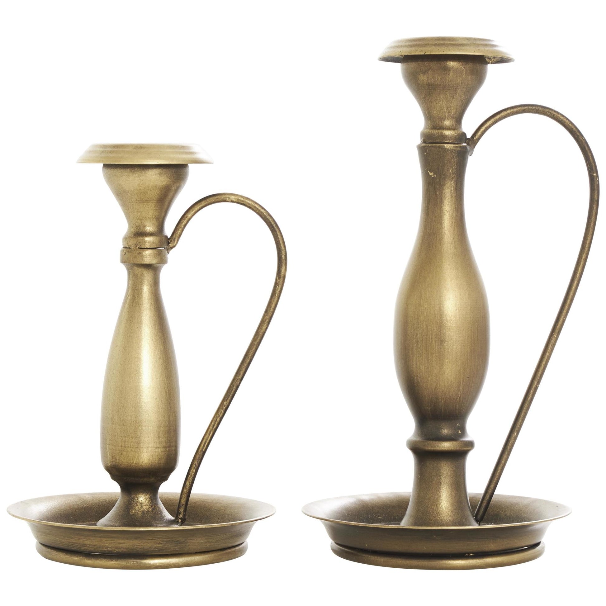 Set of 2 Bronze Metal Antique Style Decorative Candle Holder with Candle Plates and Handles