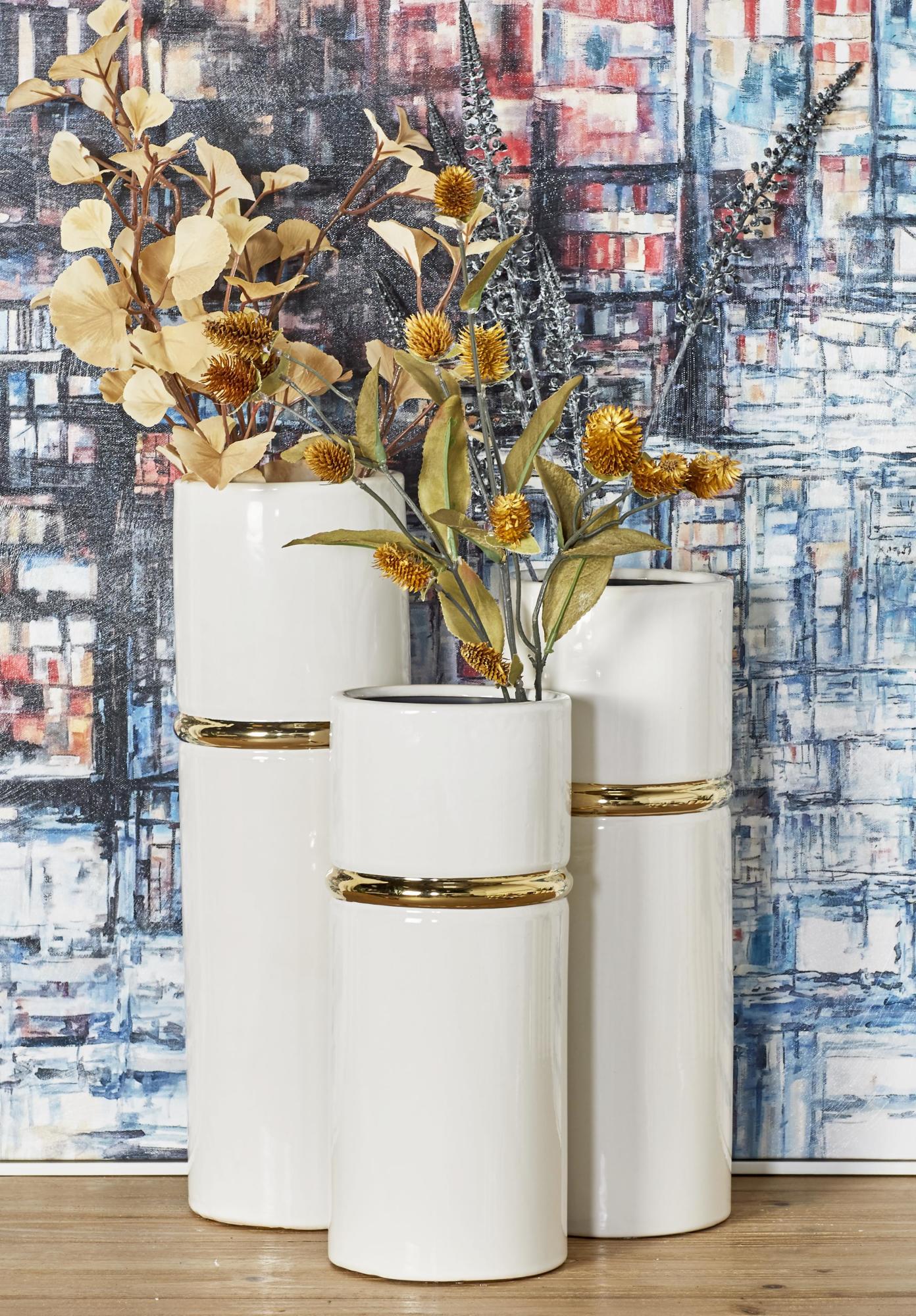 Set of 3 White Ceramic Decorative Vase with Gold Accents