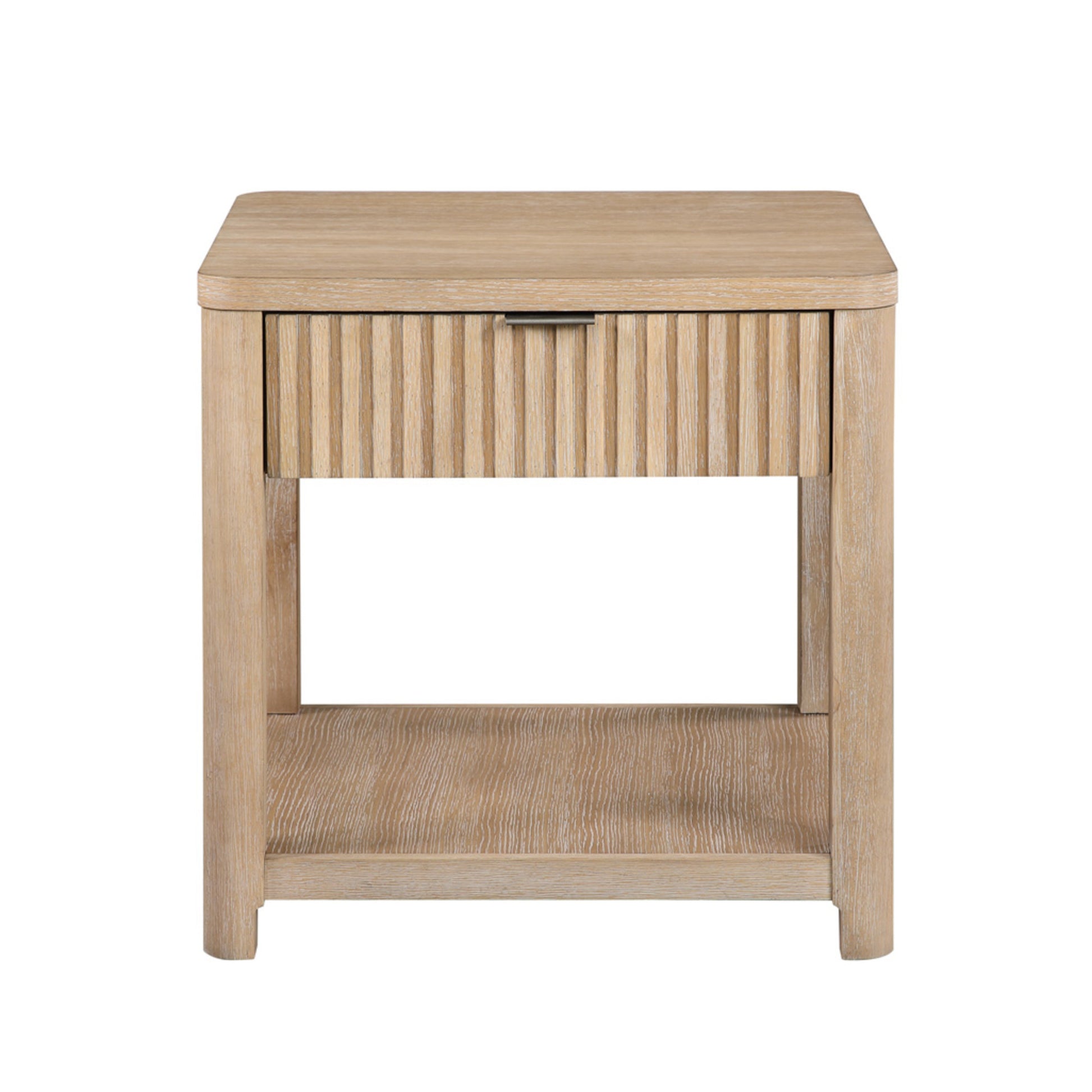 Light Brown Wooden Slatted 1 Drawer Side End Accent Table with Natural Wood Grains and Silver Handle