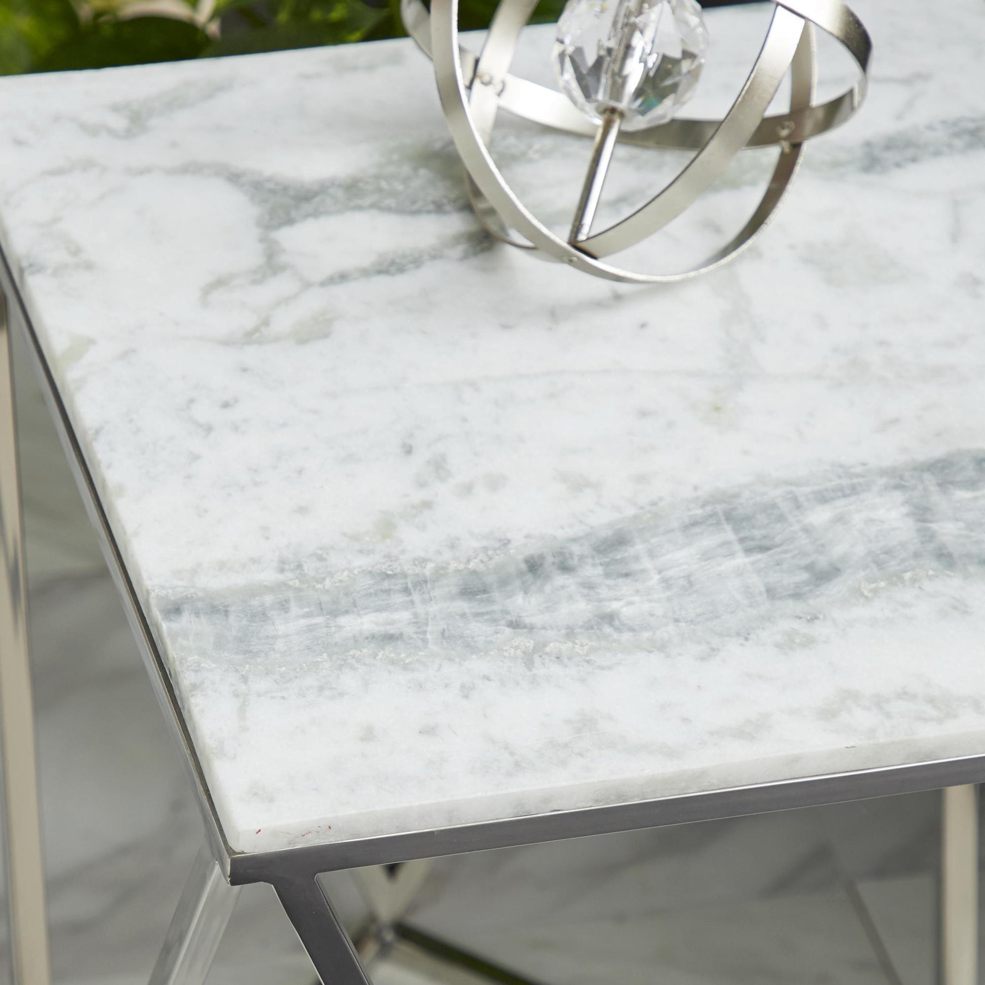 Geometric Silver Stainless Steel Metal Side End Accent Table with Marble Top