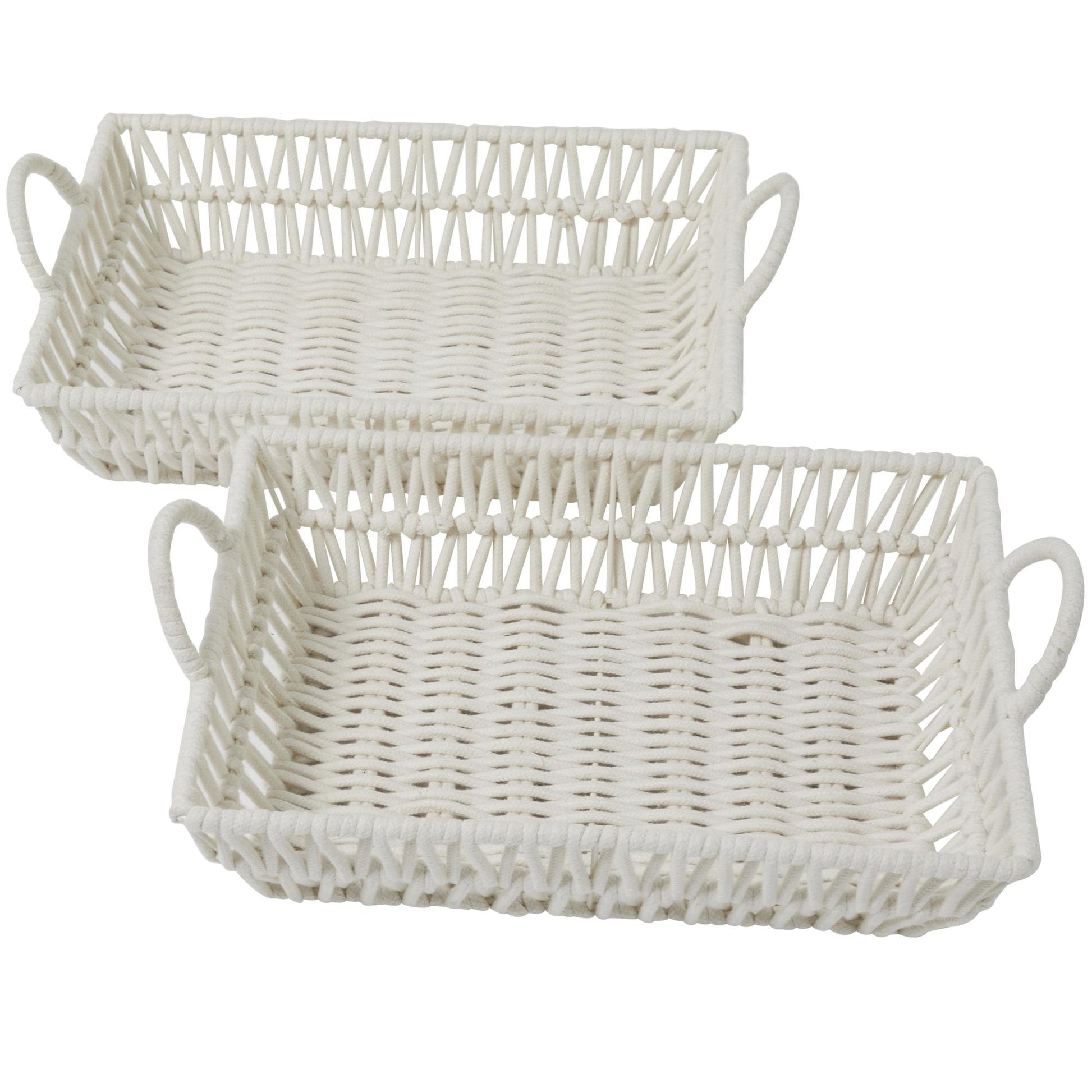 Set of 2 White Cotton Fabric Handmade Woven Living Room Decor Tray with Handles