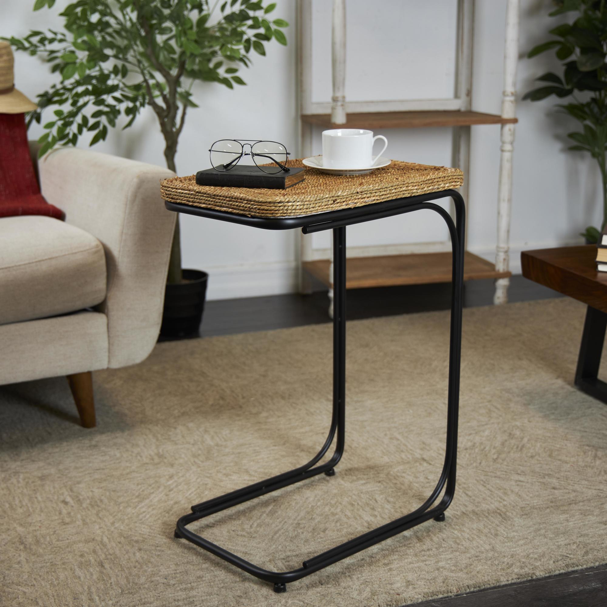 Brown Dried Plant Handmade Coiled C-Shaped Side End Accent Table with Black Metal Legs