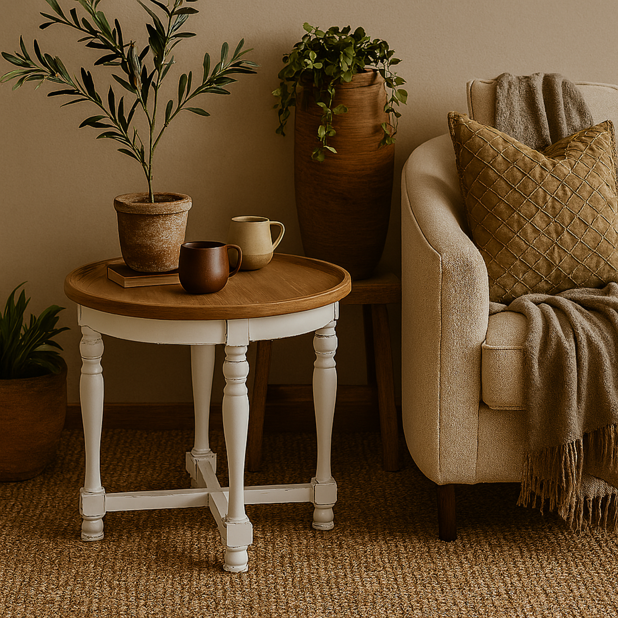 White Wood Side End Accent Table with Brown Wood Top