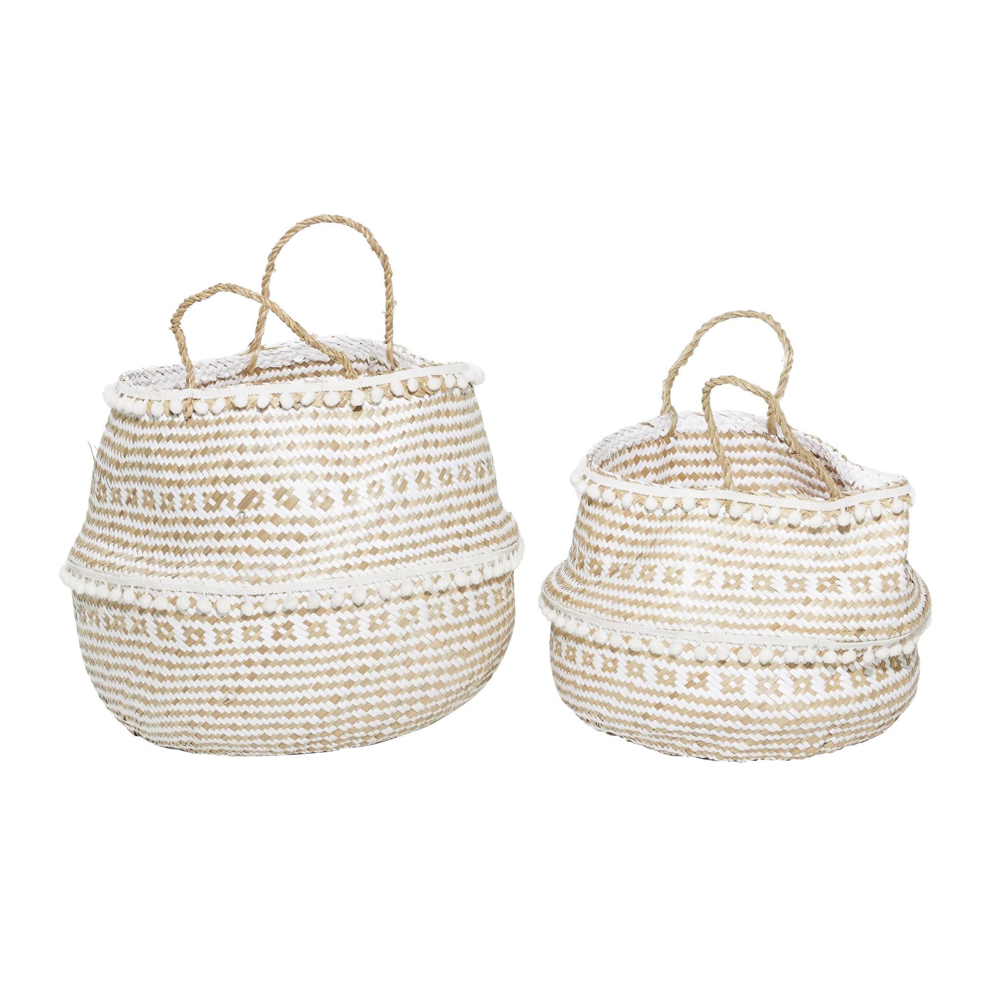 Set of 2 Brown Seagrass Handmade Patterned Decorative and Functional Storage Basket with Handles
