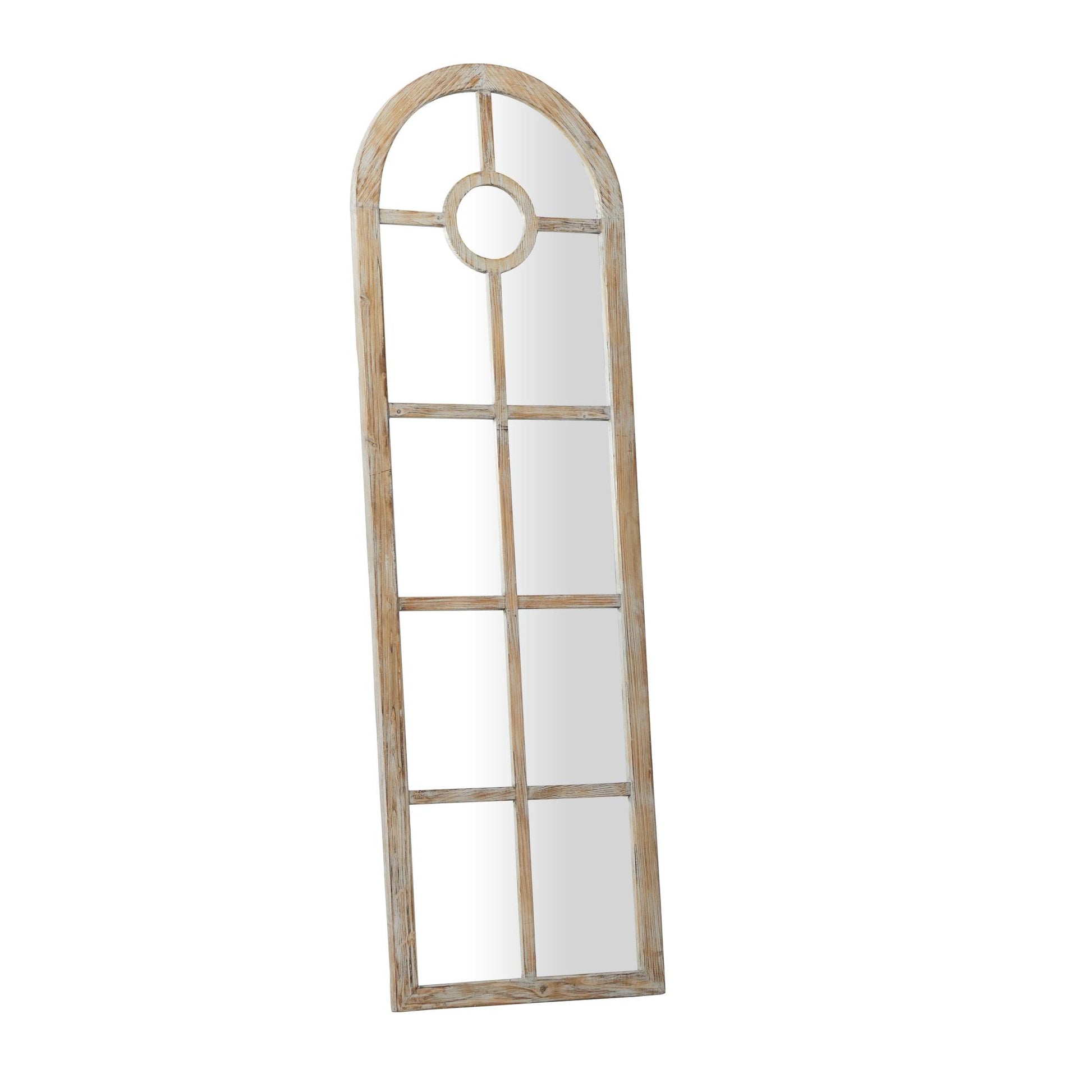 Brown Wood Arched Window Pane Room Wall Mirror