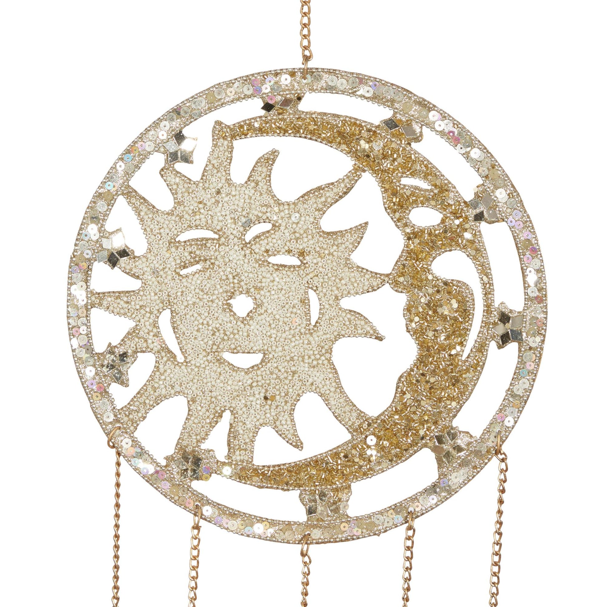 Sun and Moon Silver Metal Handmade Indoor Outdoor Windchime with Glass Beads and Bells