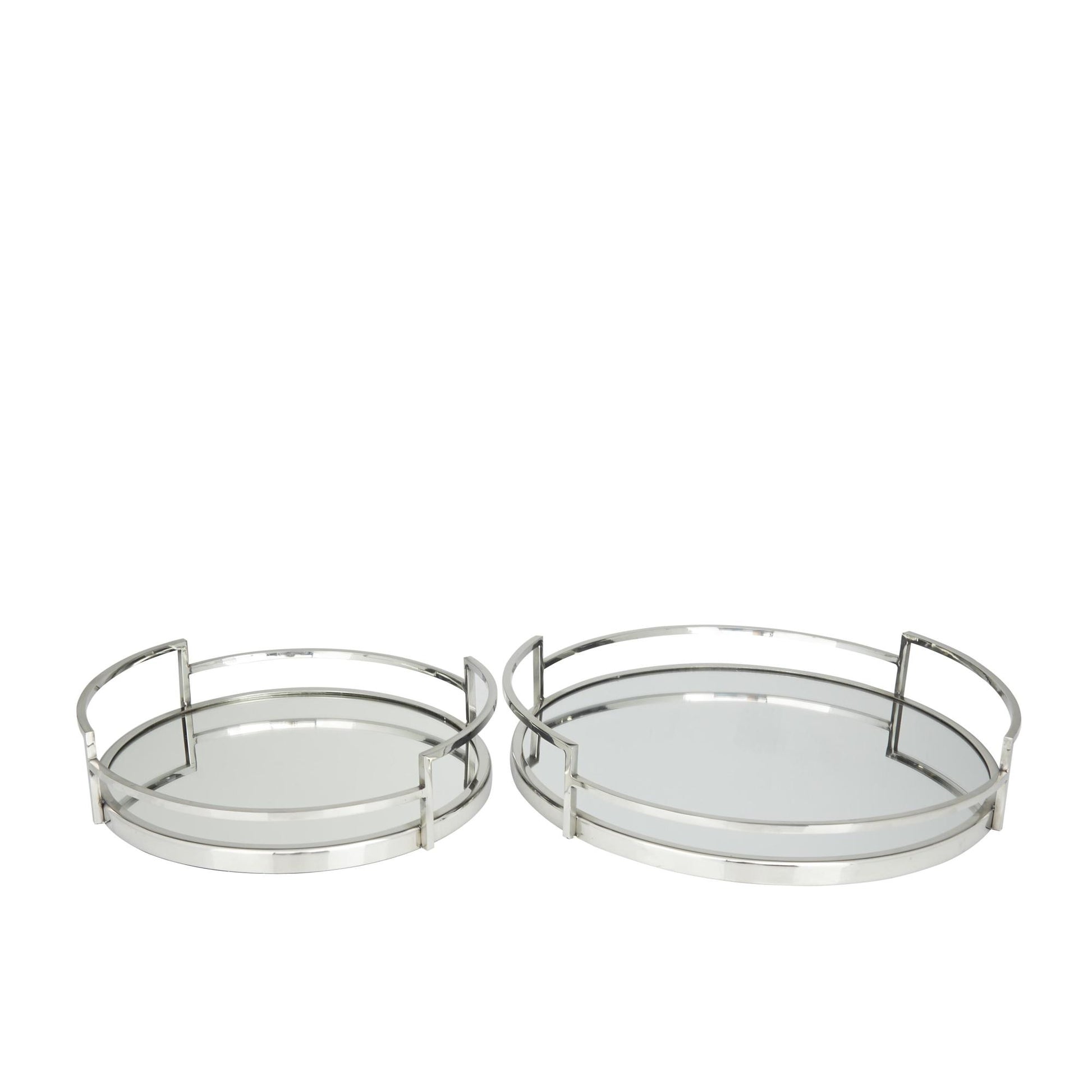 Set of 2 Stainless Steel Metal Round Mirrored Living Room Decor Tray with Elevated Rim and Handles