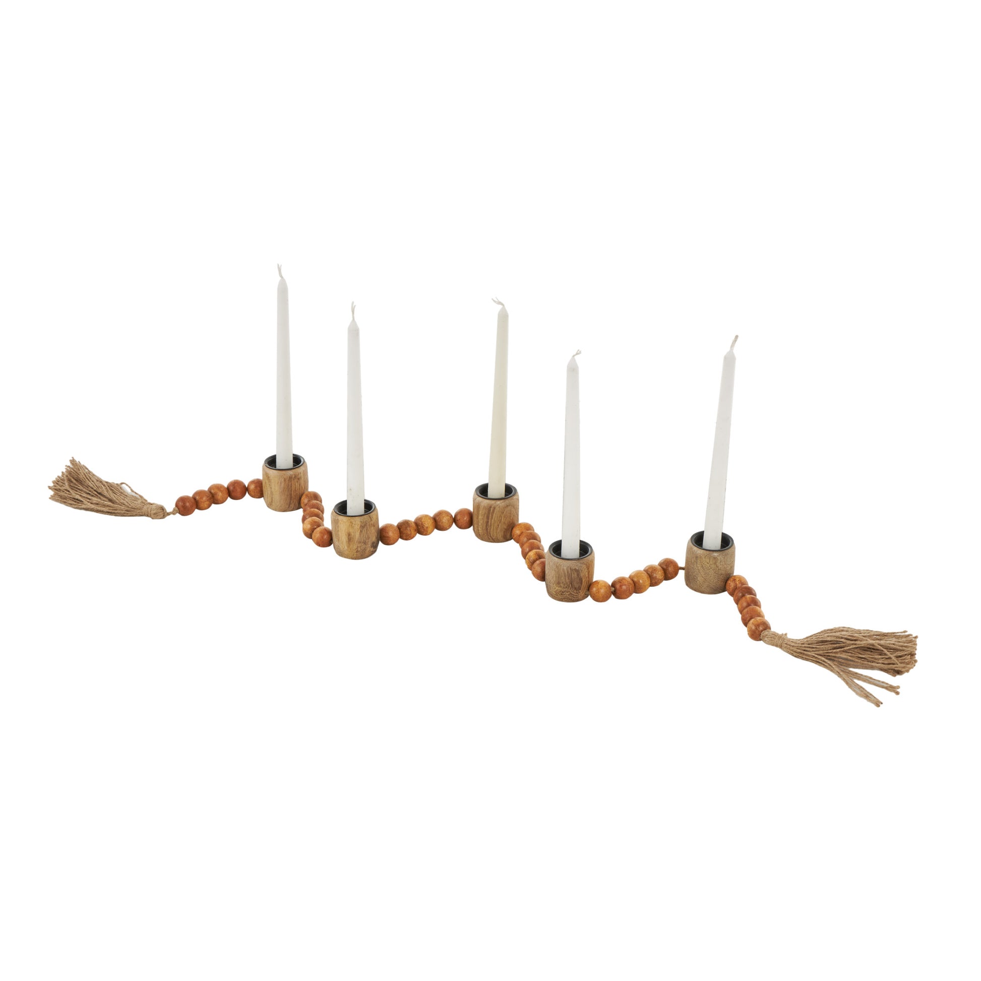 Mango Wood Garland Decorative Candle Holder with Tassel