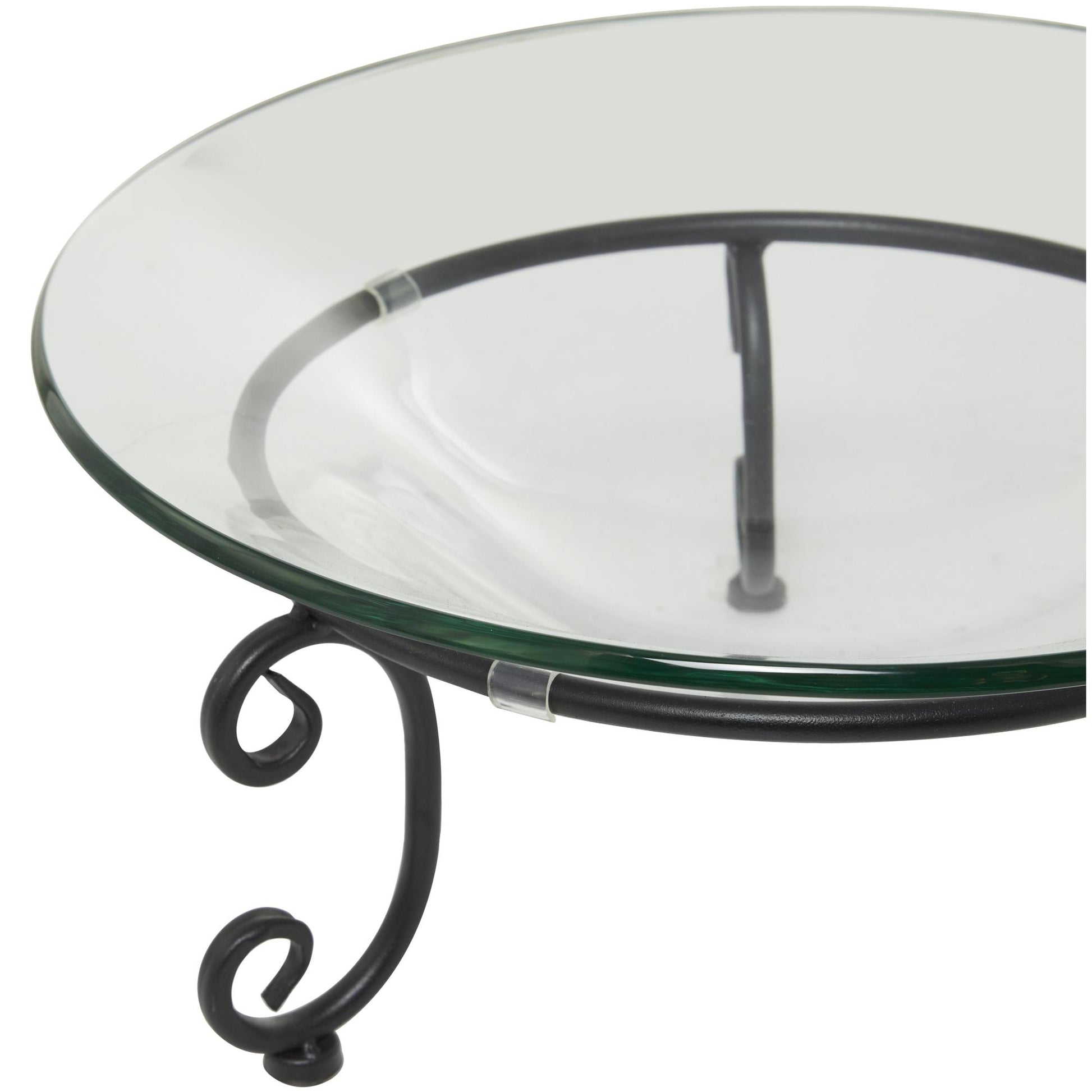 Kitchen Clear Tempered Glass Decorative Serving Bowl with Black Metal Scroll Stand