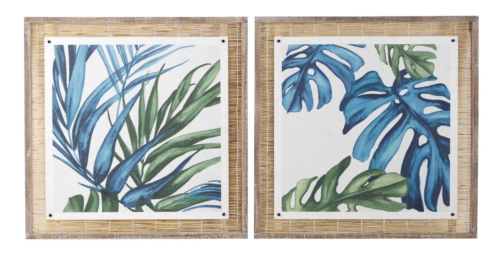 Set of 2 Leaf Blue Dried Plant Living Room Framed Wall Art with Brown Frame