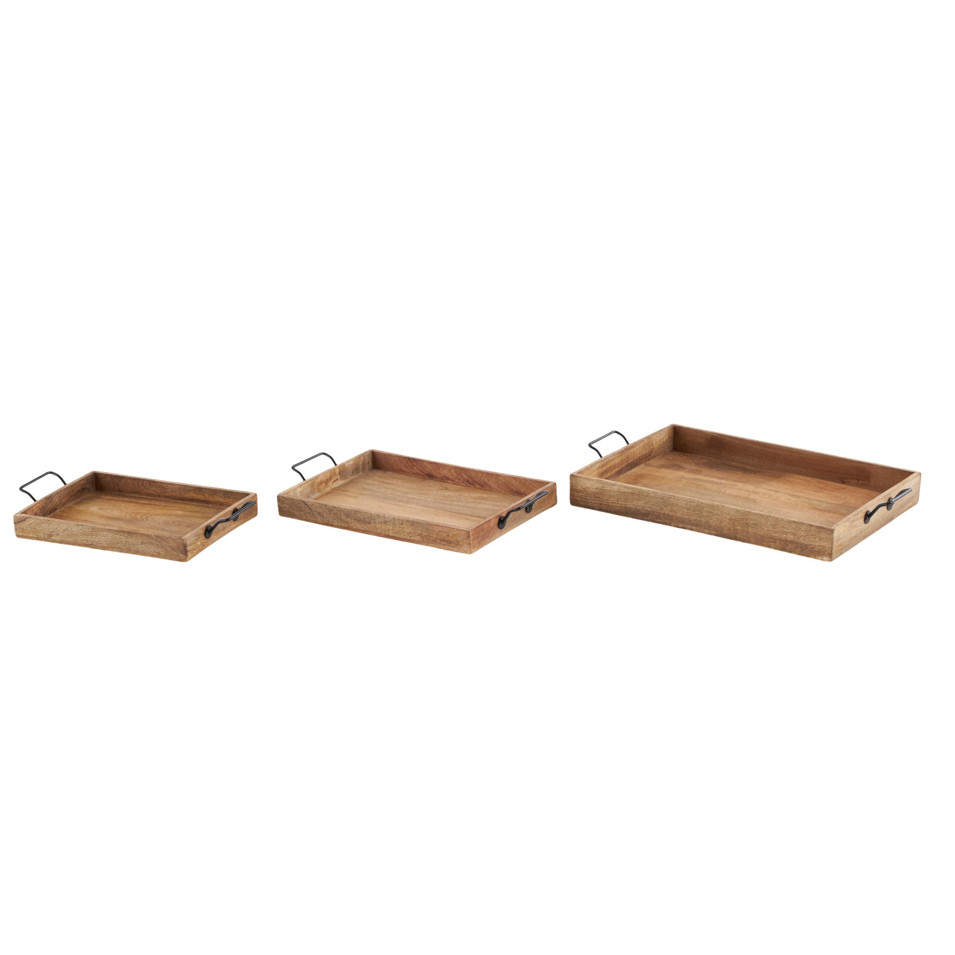 Set of 3 Brown Mango Wood Rectangular Living Room Decor Tray with Black Metal Handles