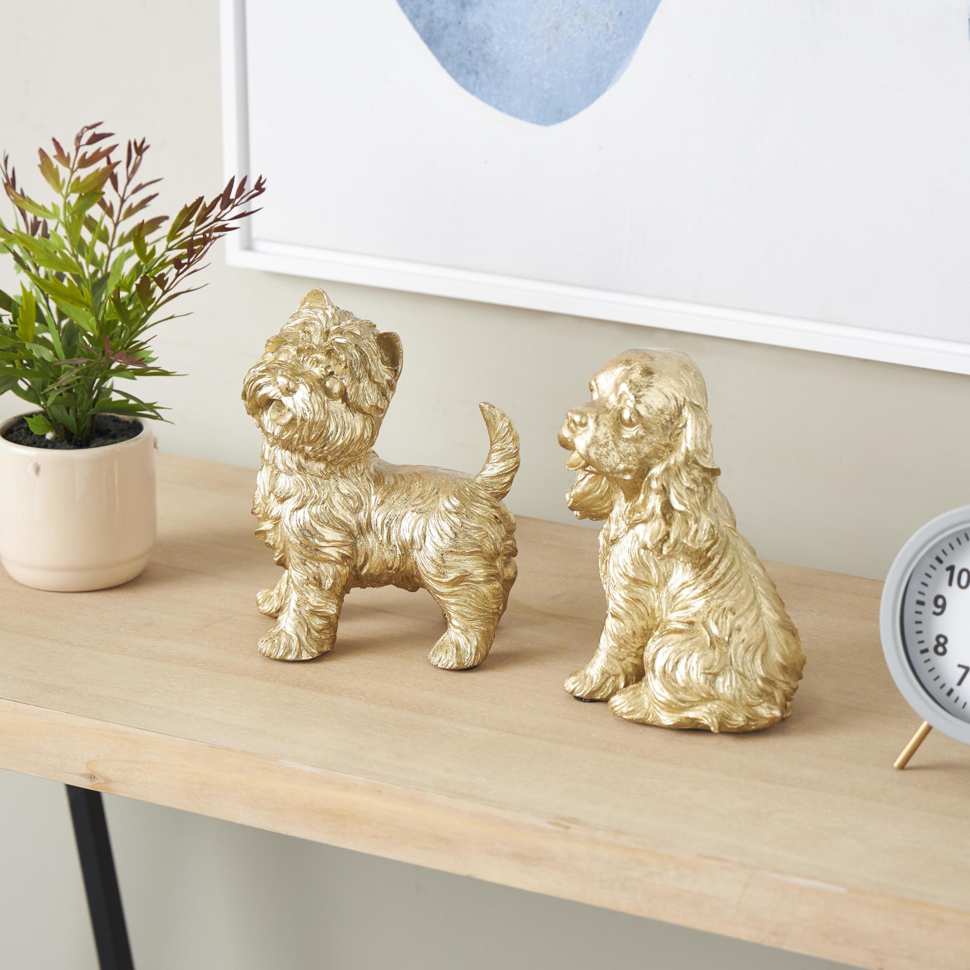 Set of 2 Dog Gold Polystone Sitting and Standing Decorative Sculpture