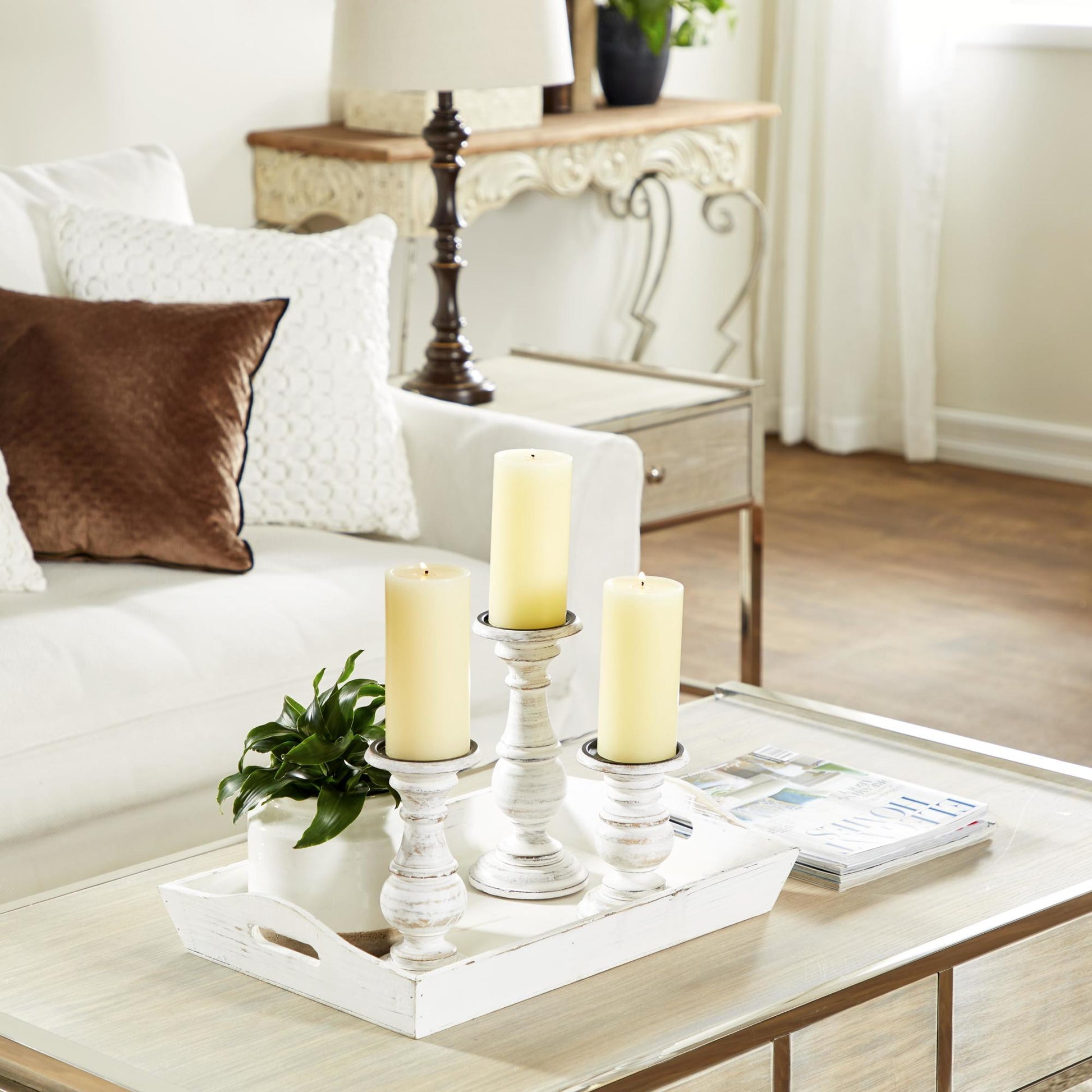 Set of 3 Mango Wood Distressed Turned Pillar Decorative Candle Holder