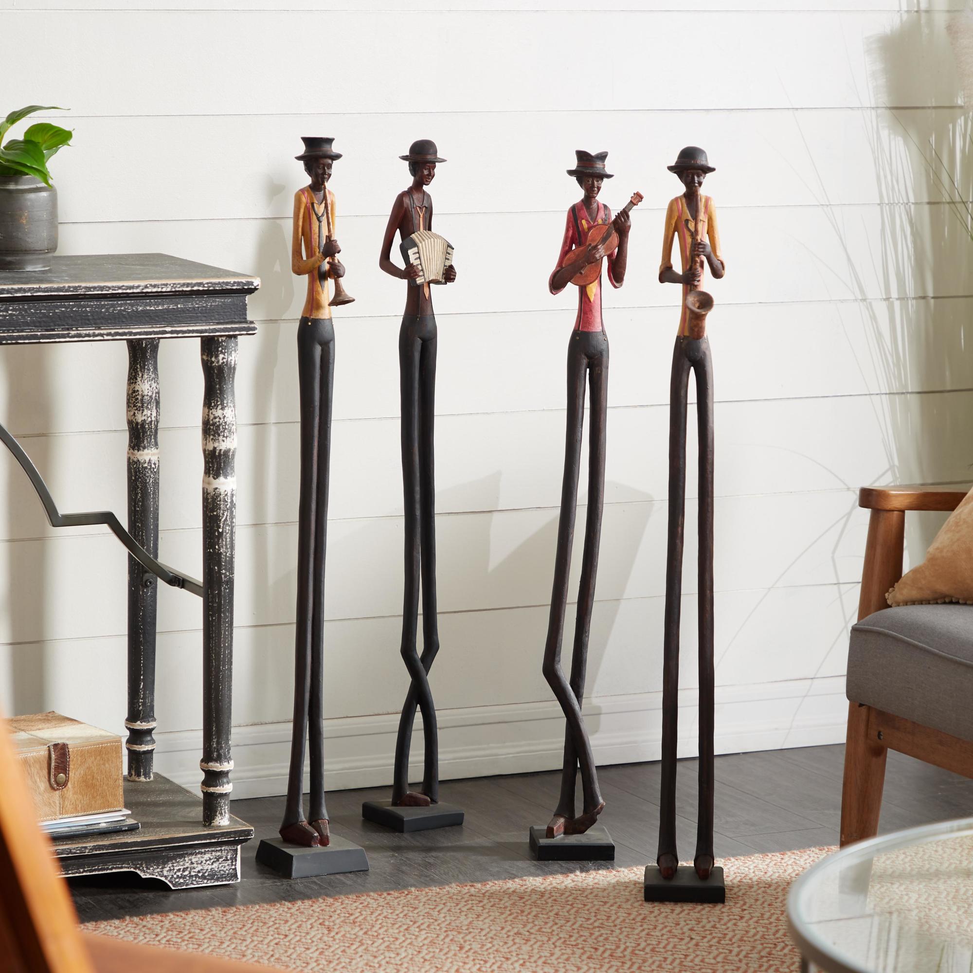 Set of 4 Musician Brown Polystone Tall Long Legged Jazz Band Decorative Sculpture with Black Base Stand
