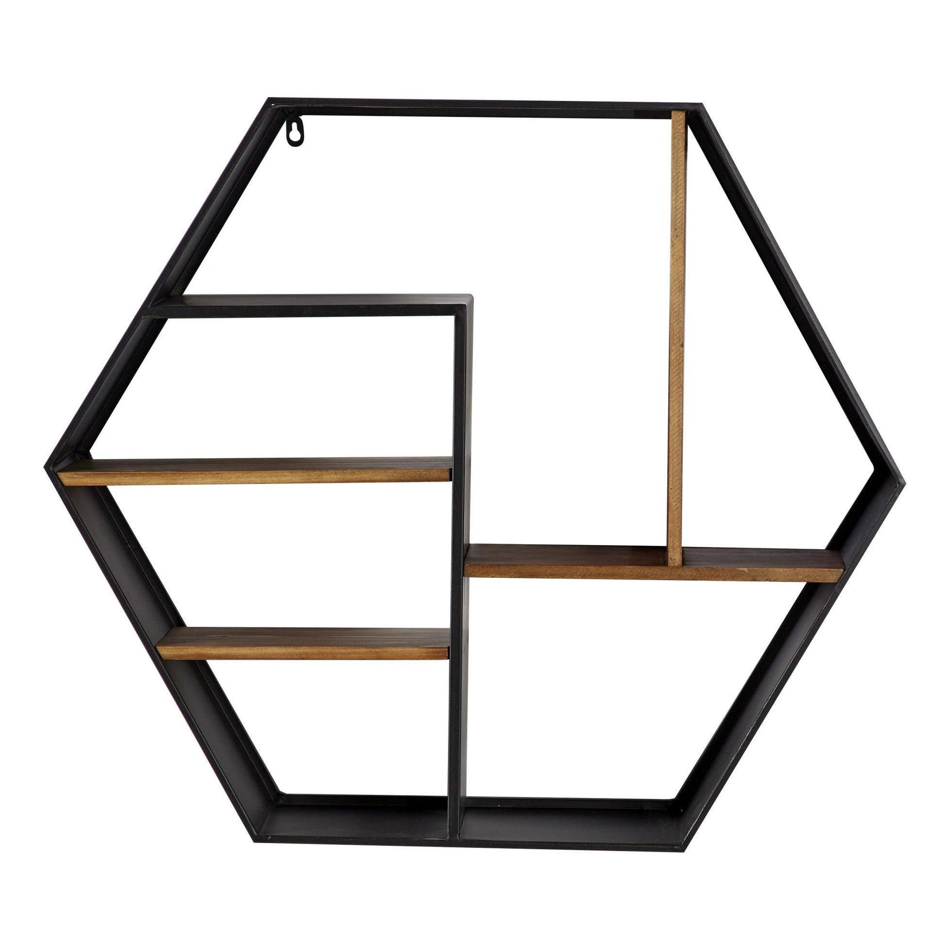 Geometric Black Metal Hexagon 5 Shelf Room Wall Shelf with Wooden Accents