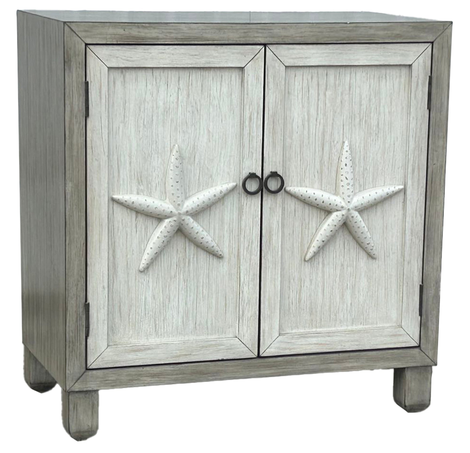 Starfish Gray Wooden Washed 2 Door Room Cabinet with Black Ring Handles
