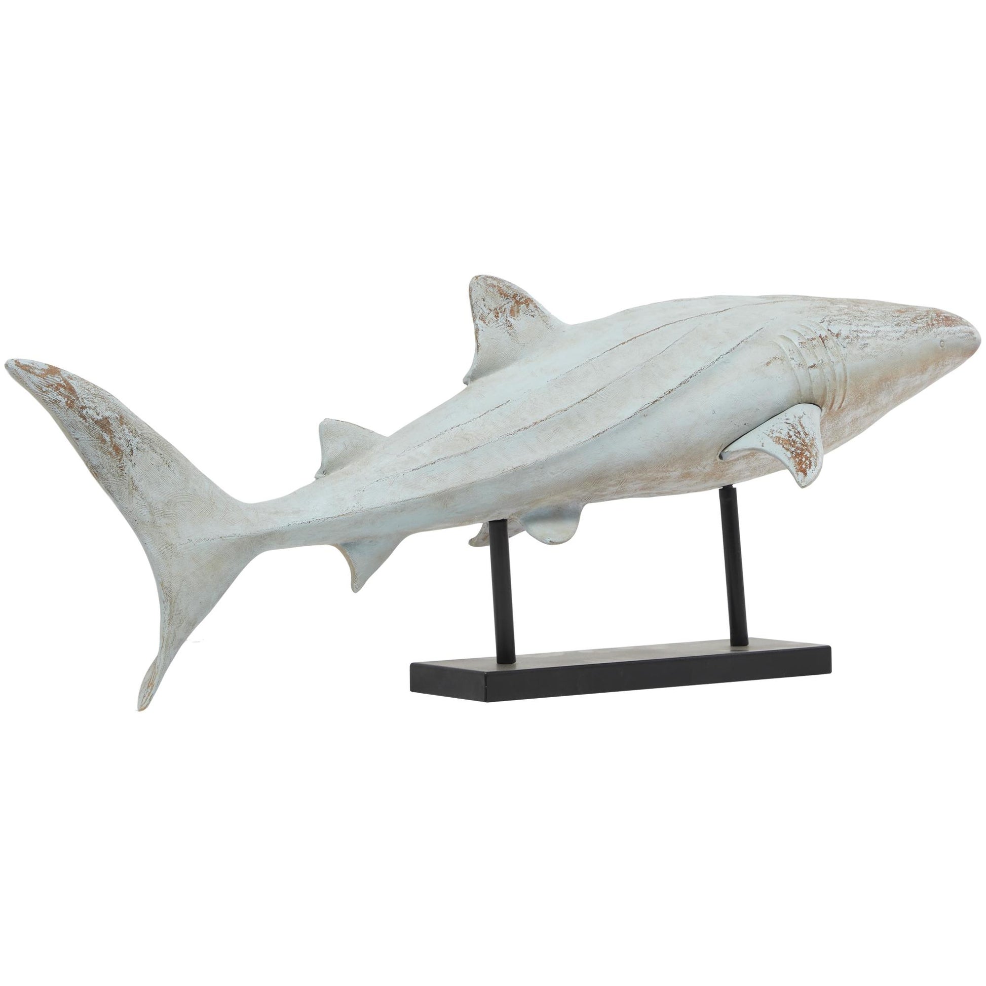 Shark Light Blue Polystone Distressed Decorative Sculpture with Brown Wood Inspired Accents and Black Stand