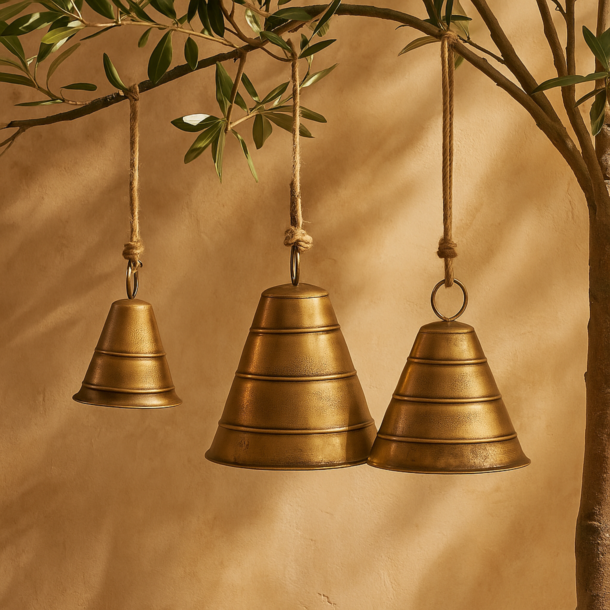 Set of 3 Metal Tibetan Inspired Indoor Outdoor Decorative Cow Bells with Jute Hanging Rope