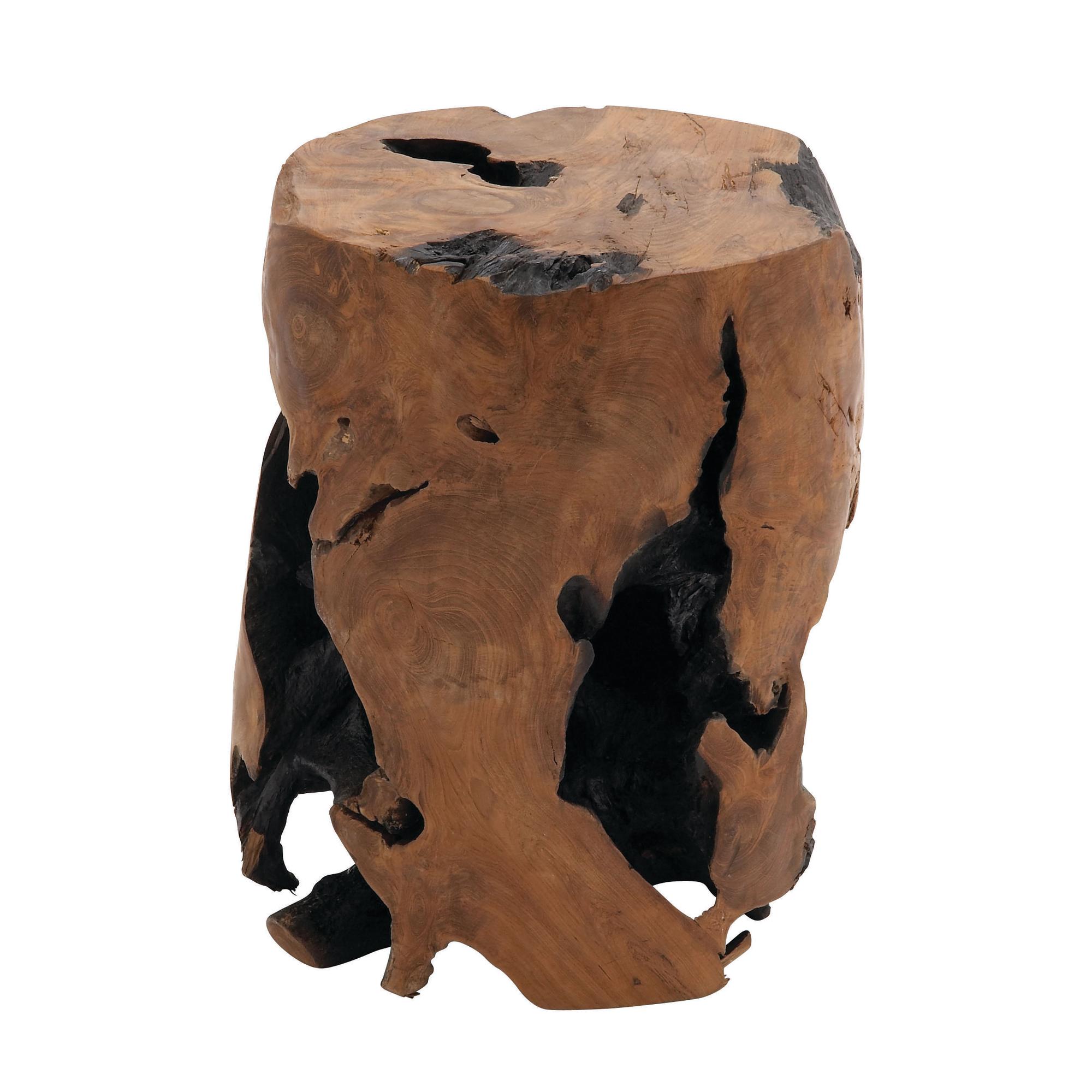 Brown Teak Wood Handmade Live Edge Stump Living Room Stool with Charred Detailing