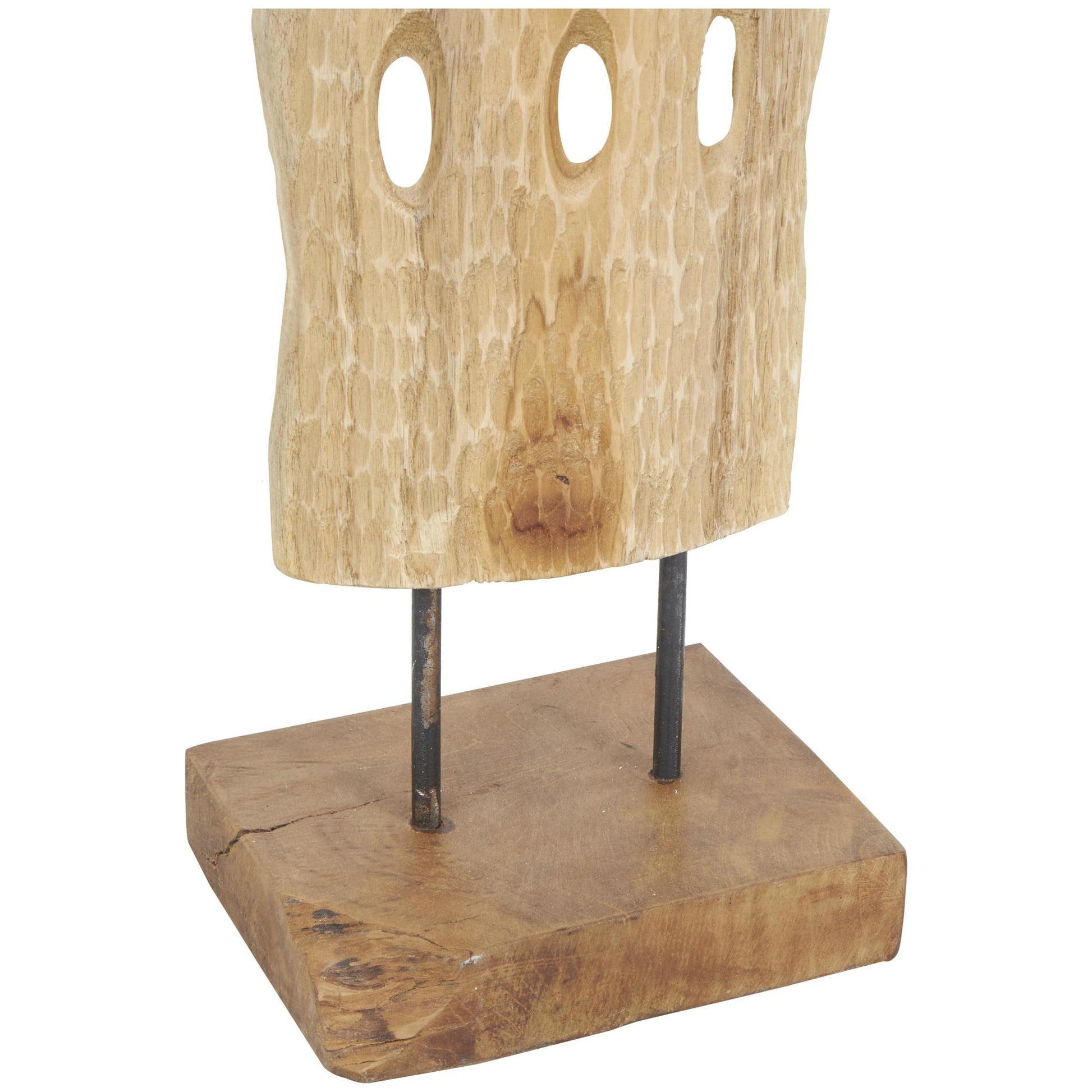 Abstract Brown Teak Wood Handmade Tall Floor Cutout Post Decorative Sculpture with Live Edge Base