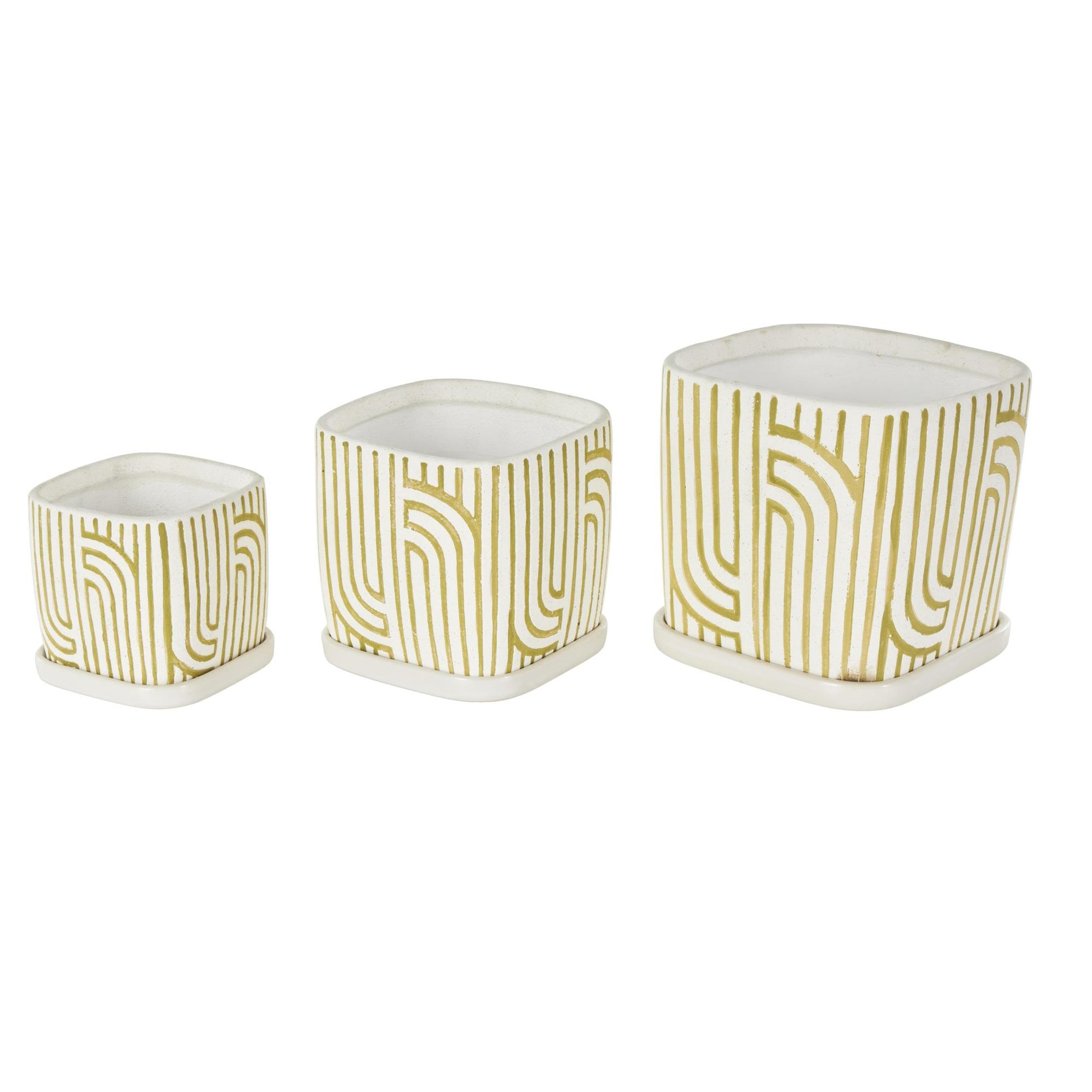 Set of 3 Geometric Ceramic Arched Patterned Indoor Outdoor Planter with Attached Saucer