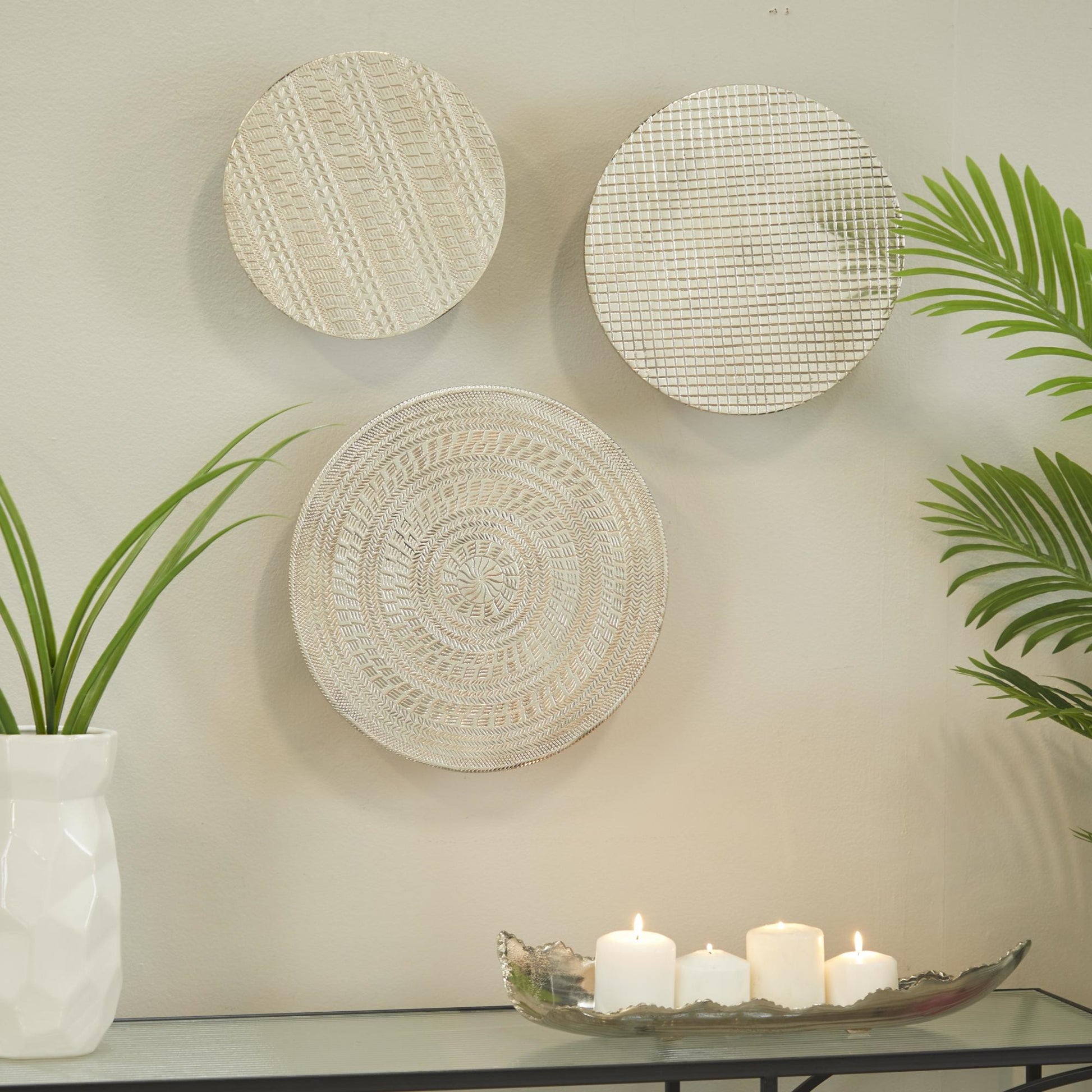 Set of 3 Plate Silver Aluminum Metal Carved Designs Home Wall Decor