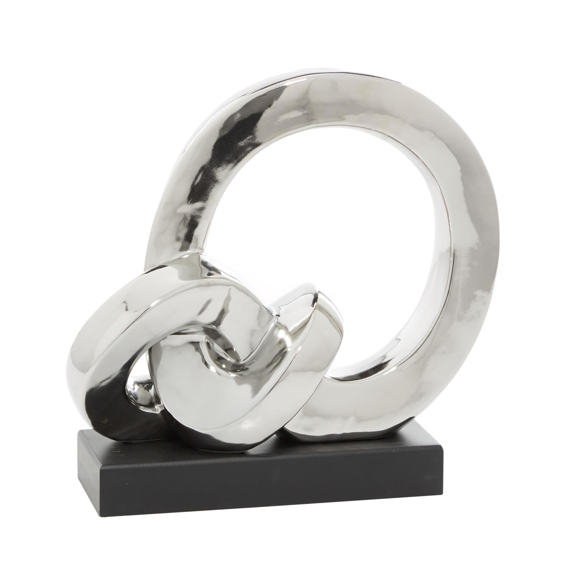 Abstract Silver Porcelain Ceramic Link Decorative Sculpture with Black Base
