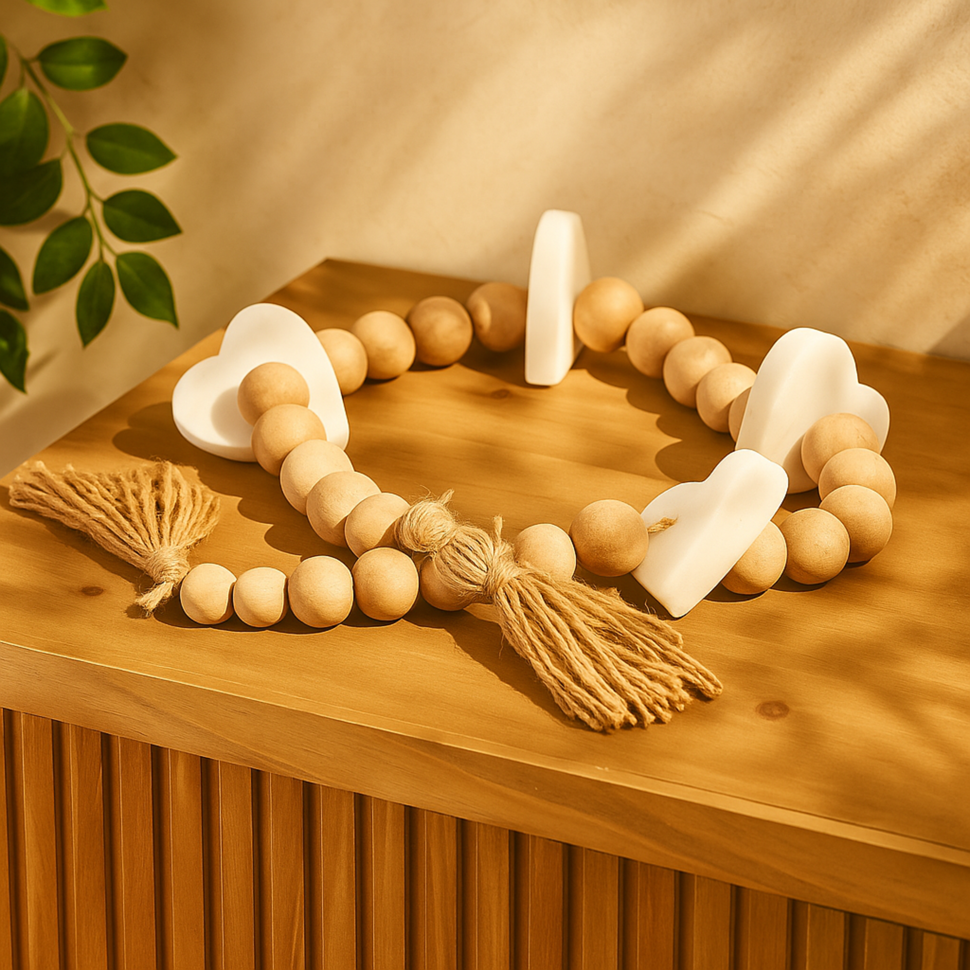 Heart Light Brown Marble Handmade Beaded Garland with Tassel with Knotted Brown Jute and White Accents