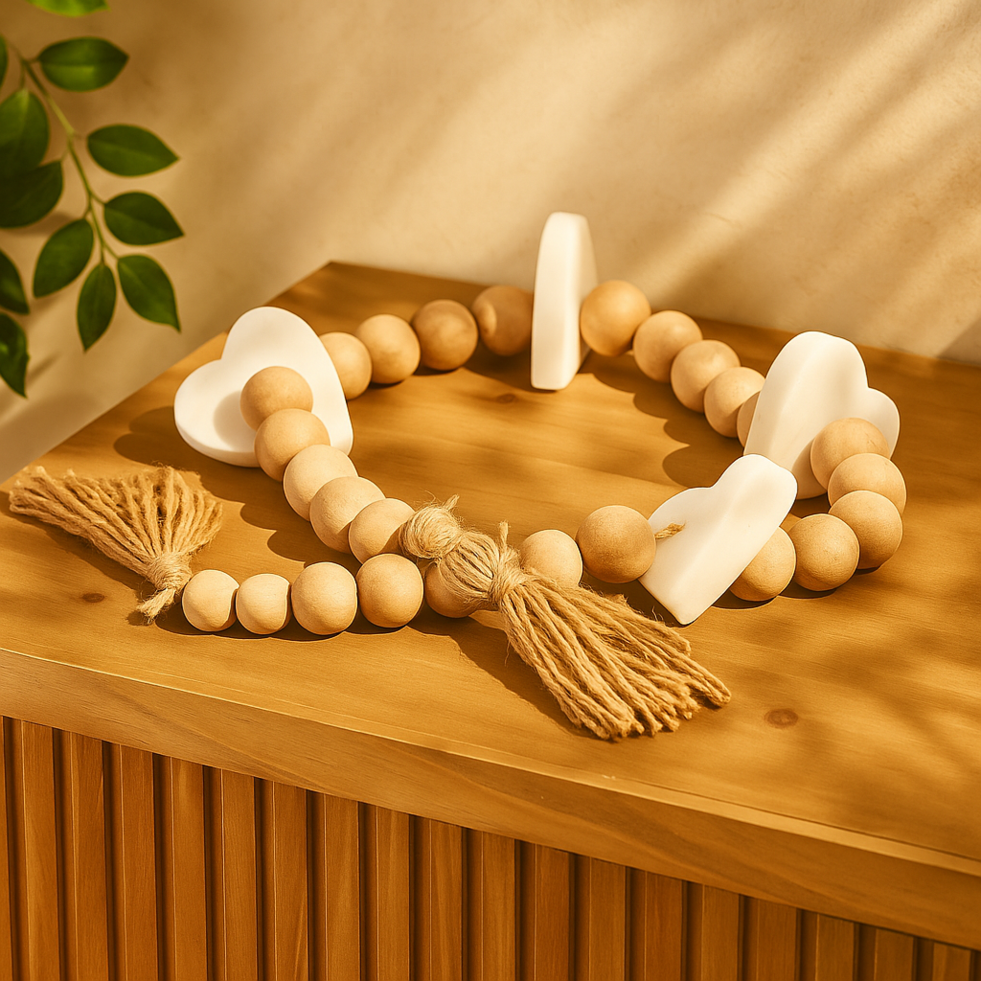 Heart Light Brown Marble Handmade Beaded Garland with Tassel with Knotted Brown Jute and White Accents